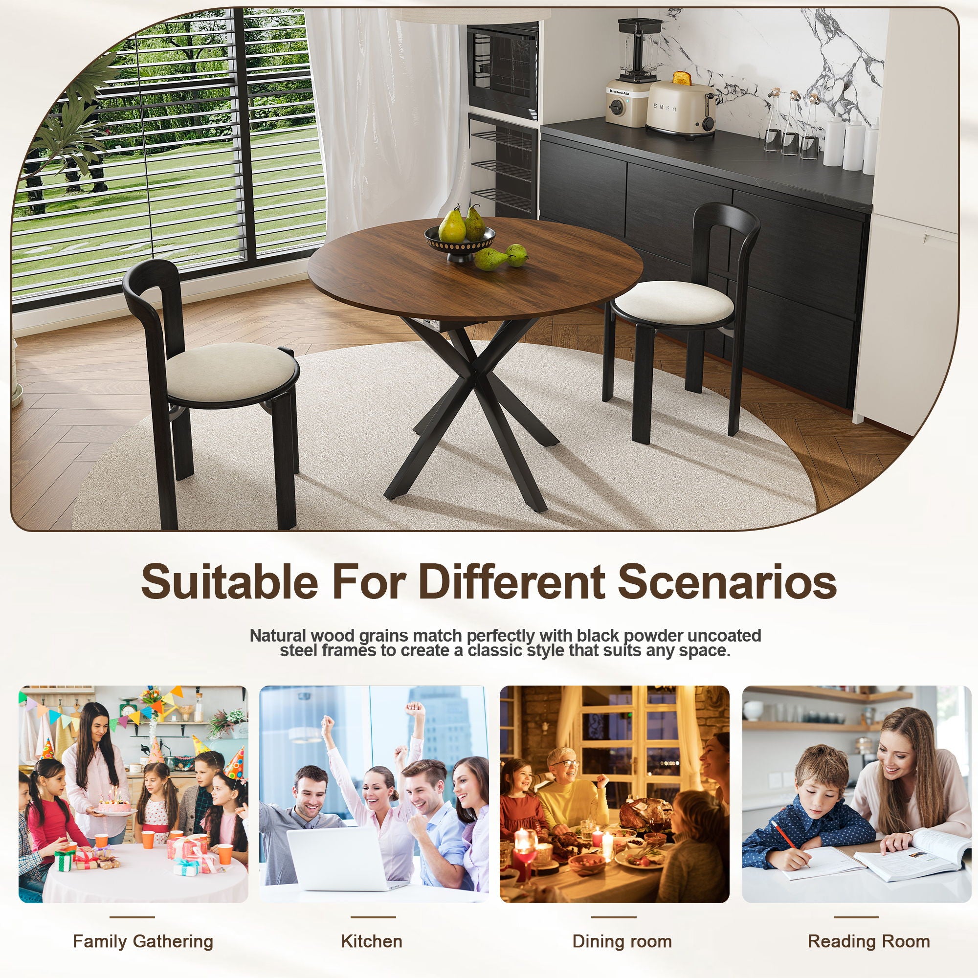 Round Dining Table With Extendable Blades, X Base