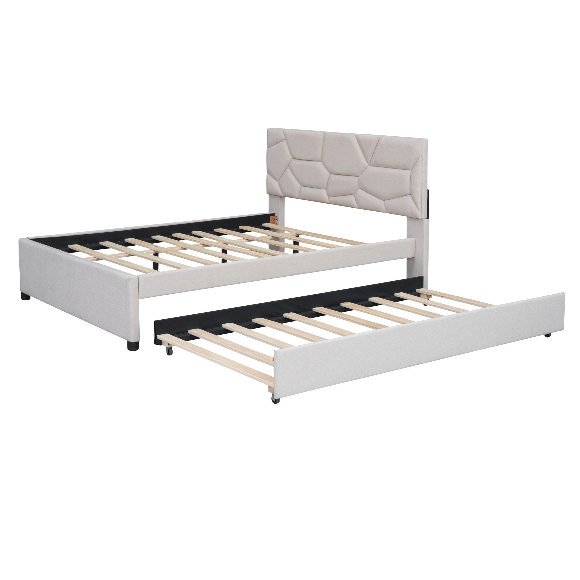 Upholstered Platform Bed With Brick Pattern Headboard And Twin Long Size Trundle