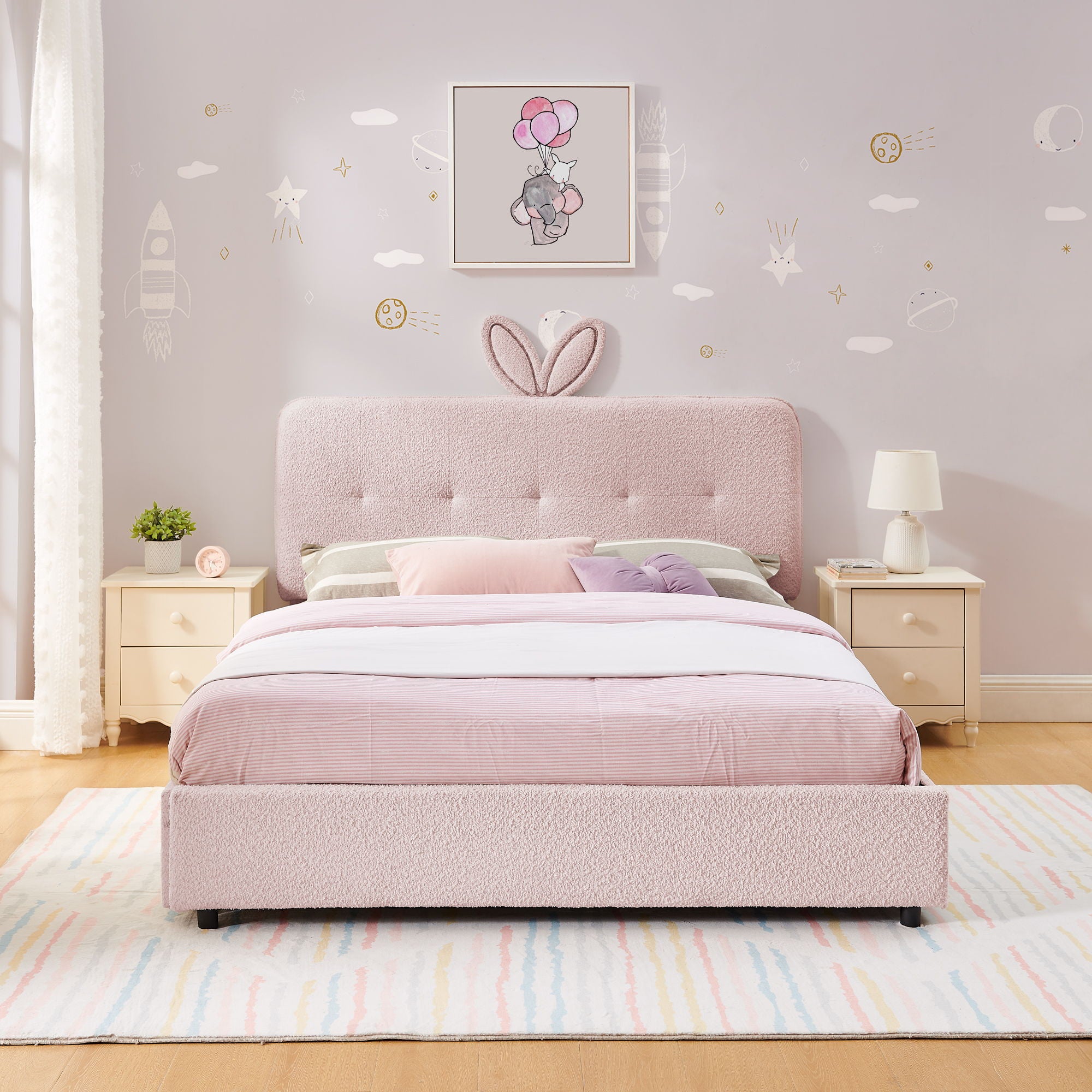 Upholstered Bed With Oversized Rabbit Ear Headboard, LED Lights & 4 Storage Drawers