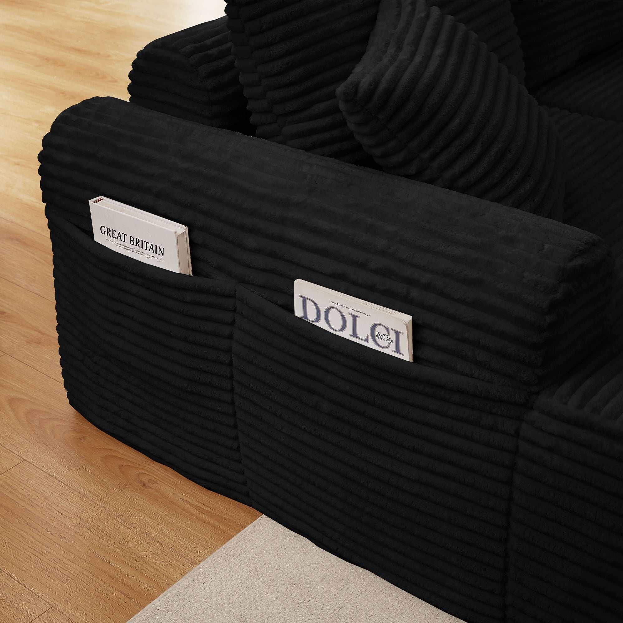 Modular Corduroy Sectional With Arched Armrests, Includes 3 Back Cushions & 2 Throw Pillows