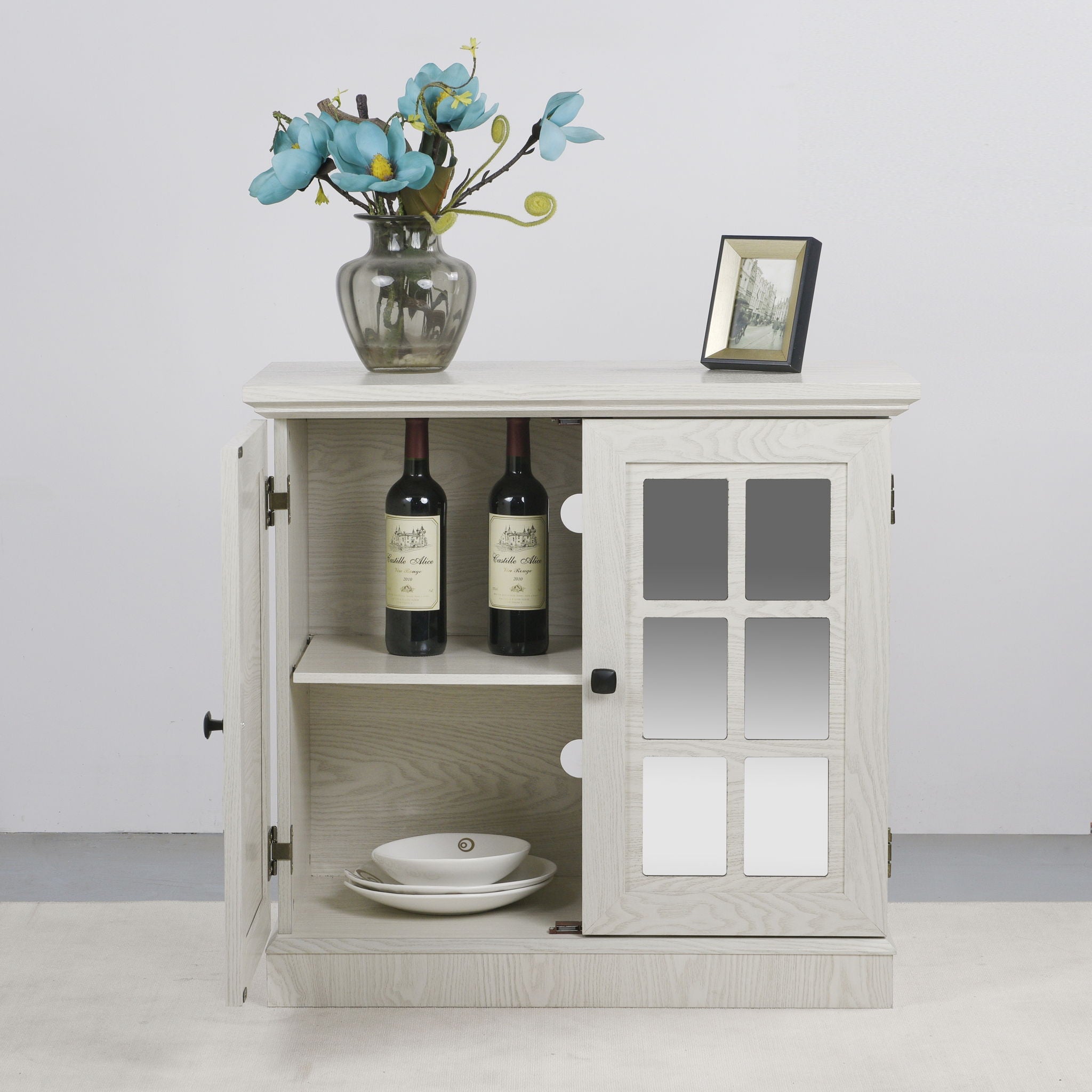 Sideboard Cabinet With Mirrored Doors, Adjustable Shelf, Metal Handles