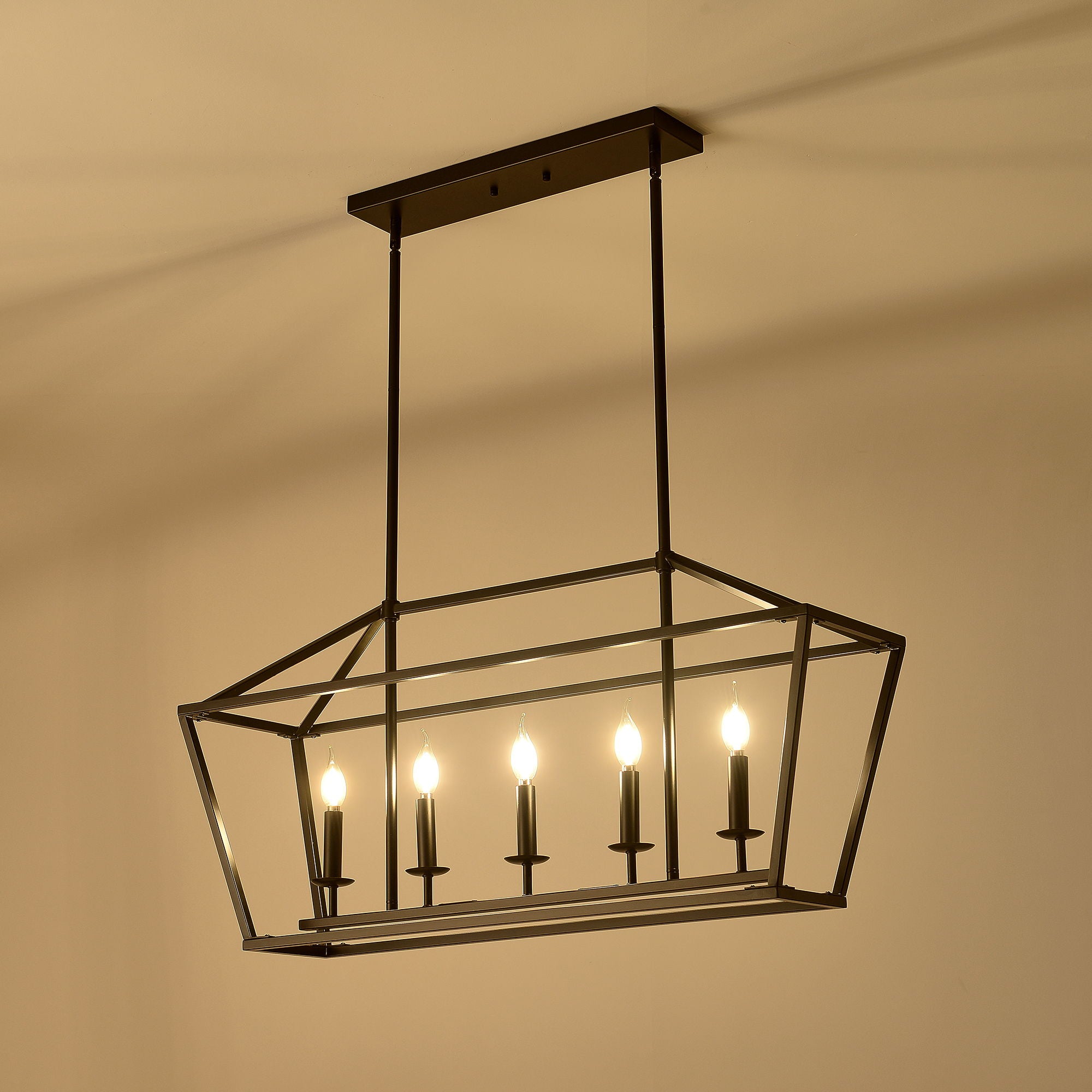 5 Light Farmhouse Kitchen Island Lighting, 5 Light Industrial Linear Chandelier For Dining Room Metal Hanging Pendant Light Fixture For Bedroom Living Room Hallway Conference Room - Matte Black