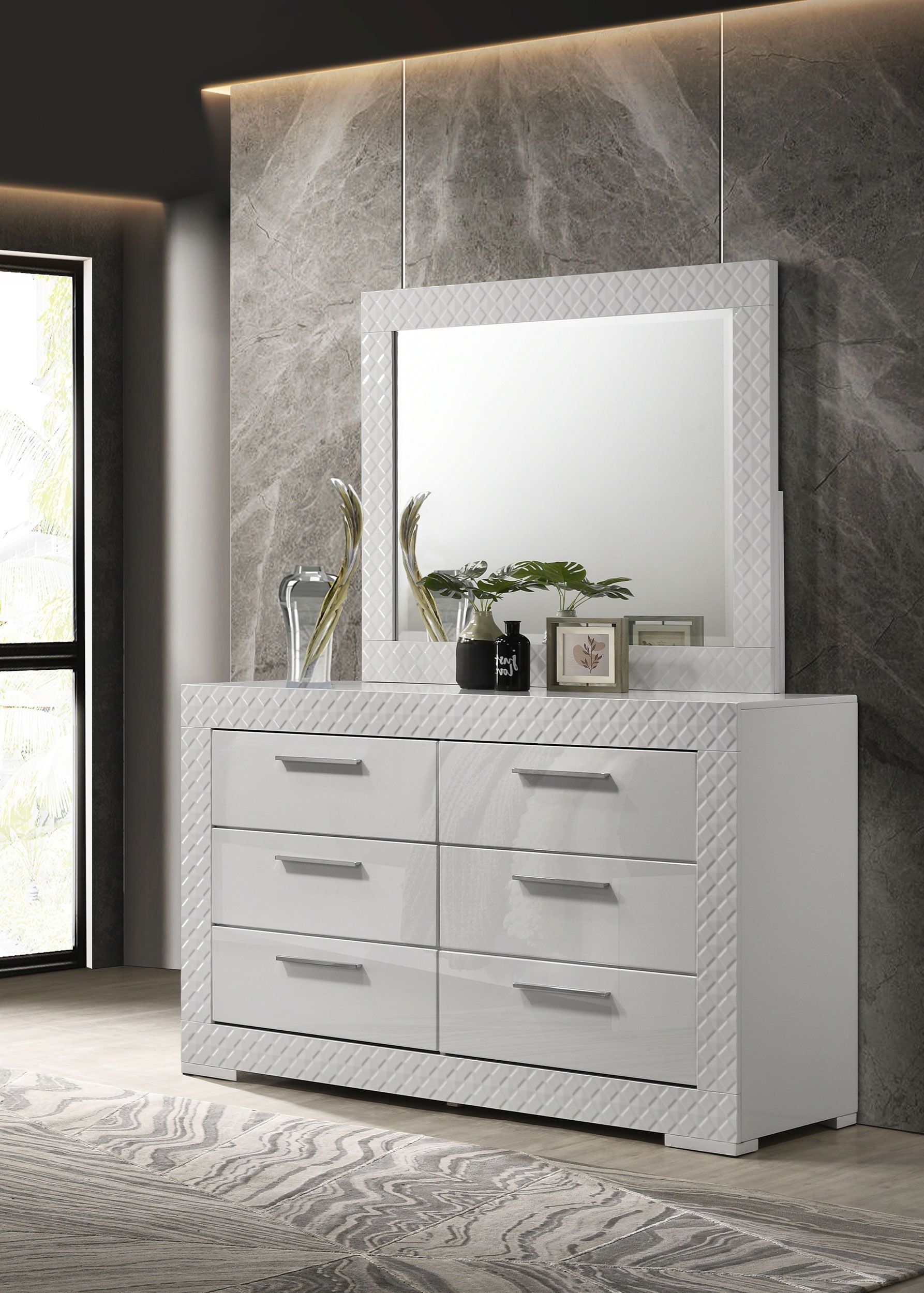 Coaster Fine Furniture Ives - 6-Drawer Dresser And Mirror - White High Gloss | Meri Furniture
