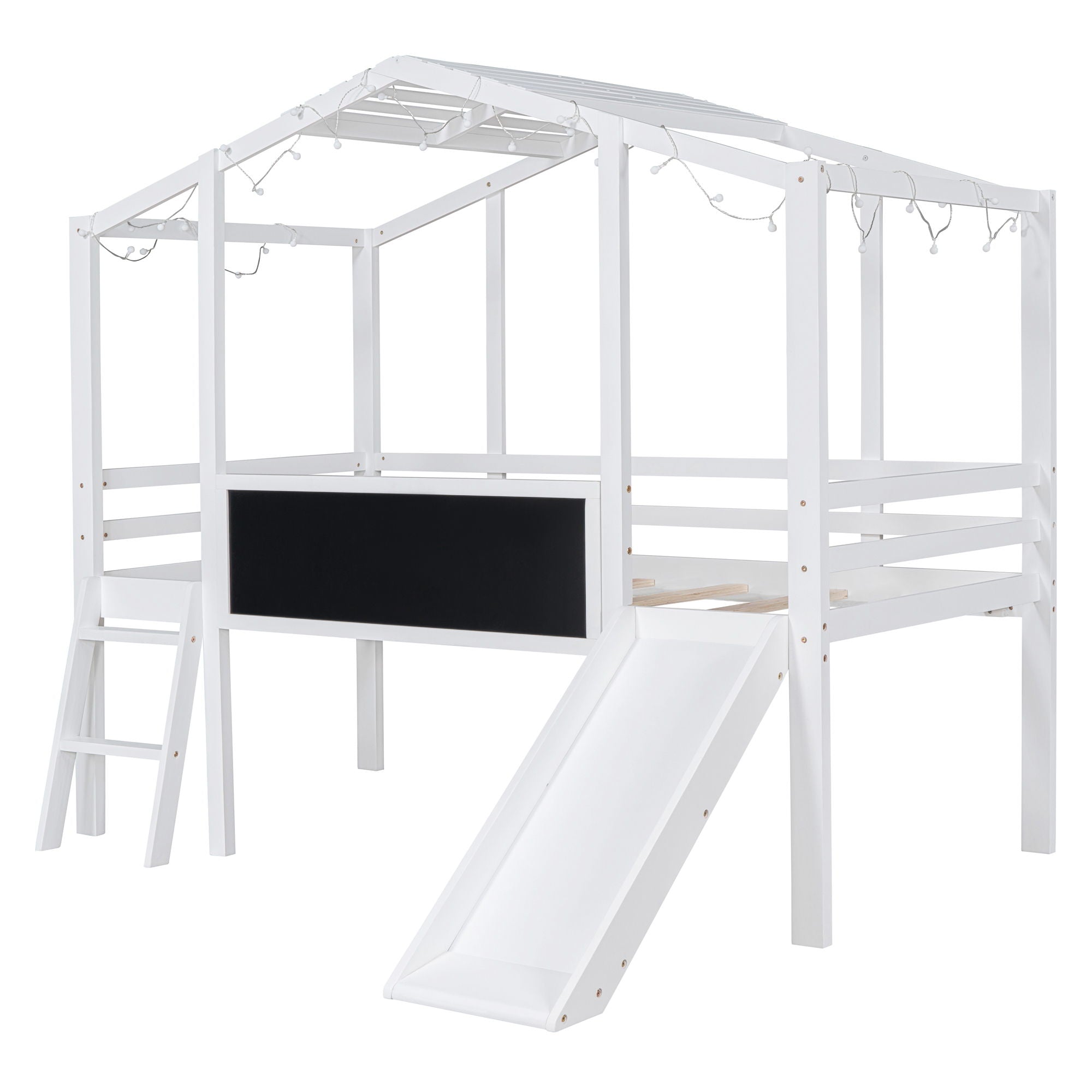 Loft House Bed With Ladder And Slide, With Blackboard And Light Strip On The Roof