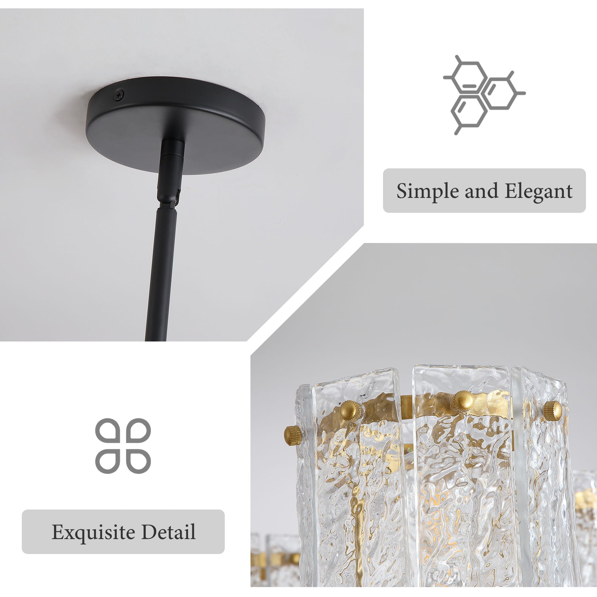 5 Light Chandelier, Textured Glass Pendant Light, (Not Including The Bulb) For Living Room - Black / Gold