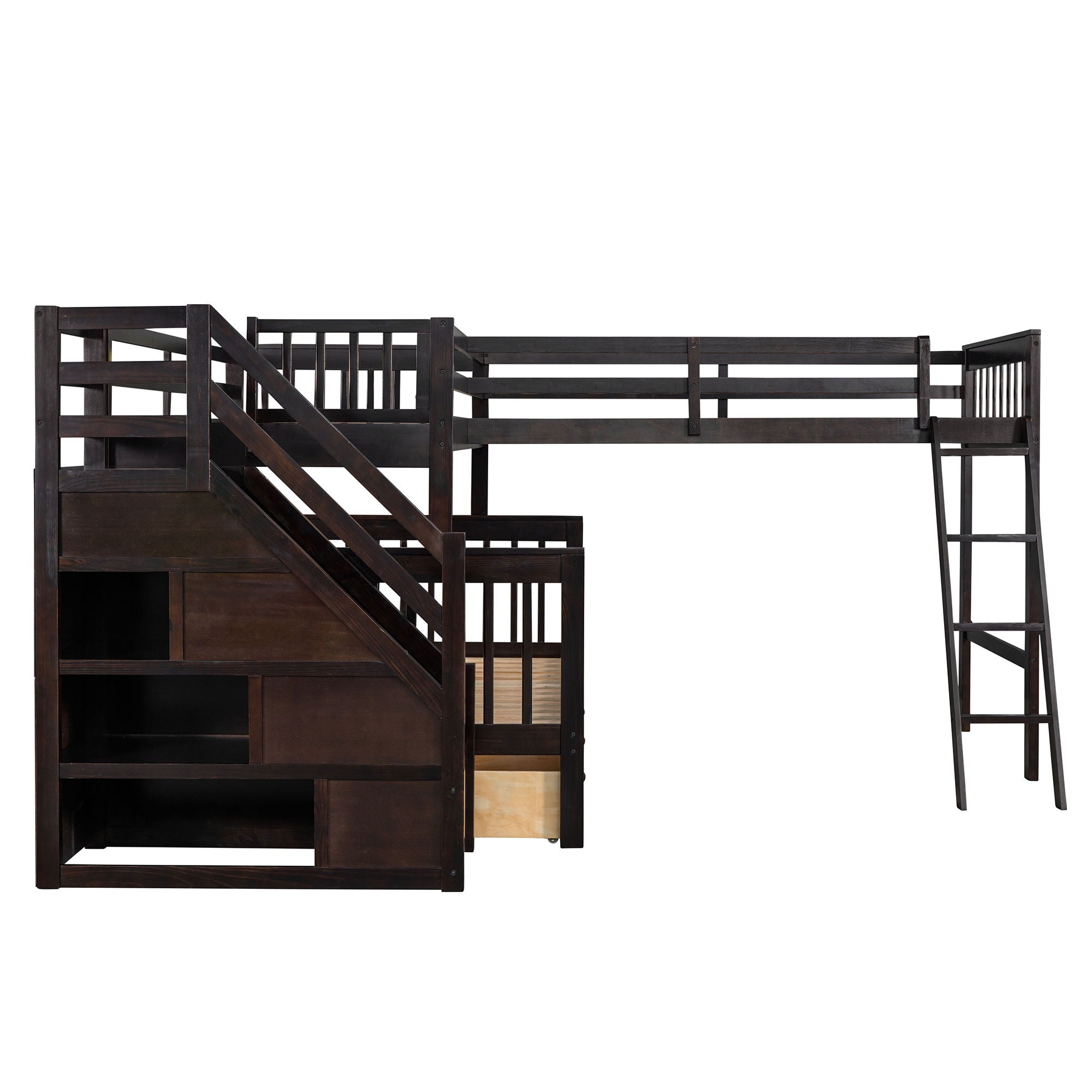Solid L Shaped Bunk Bed With 3 Drawers, Ladder And Staircase