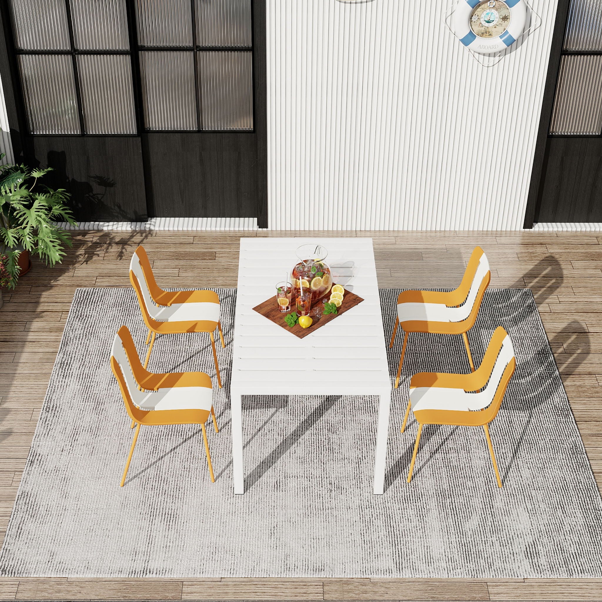 4 Piece Set Of Modern Striped Color- Blocking Single Chairs With Long Table