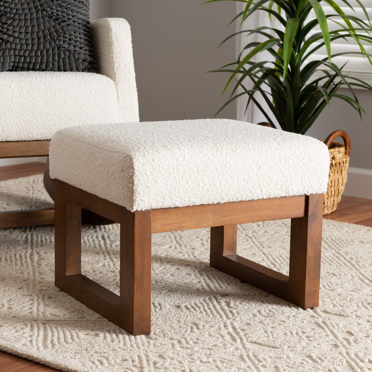 Yashiya Mid-Century Modern Off-White Boucle Upholstered and Walnut Brown Finished Wood Ottoman Footstool