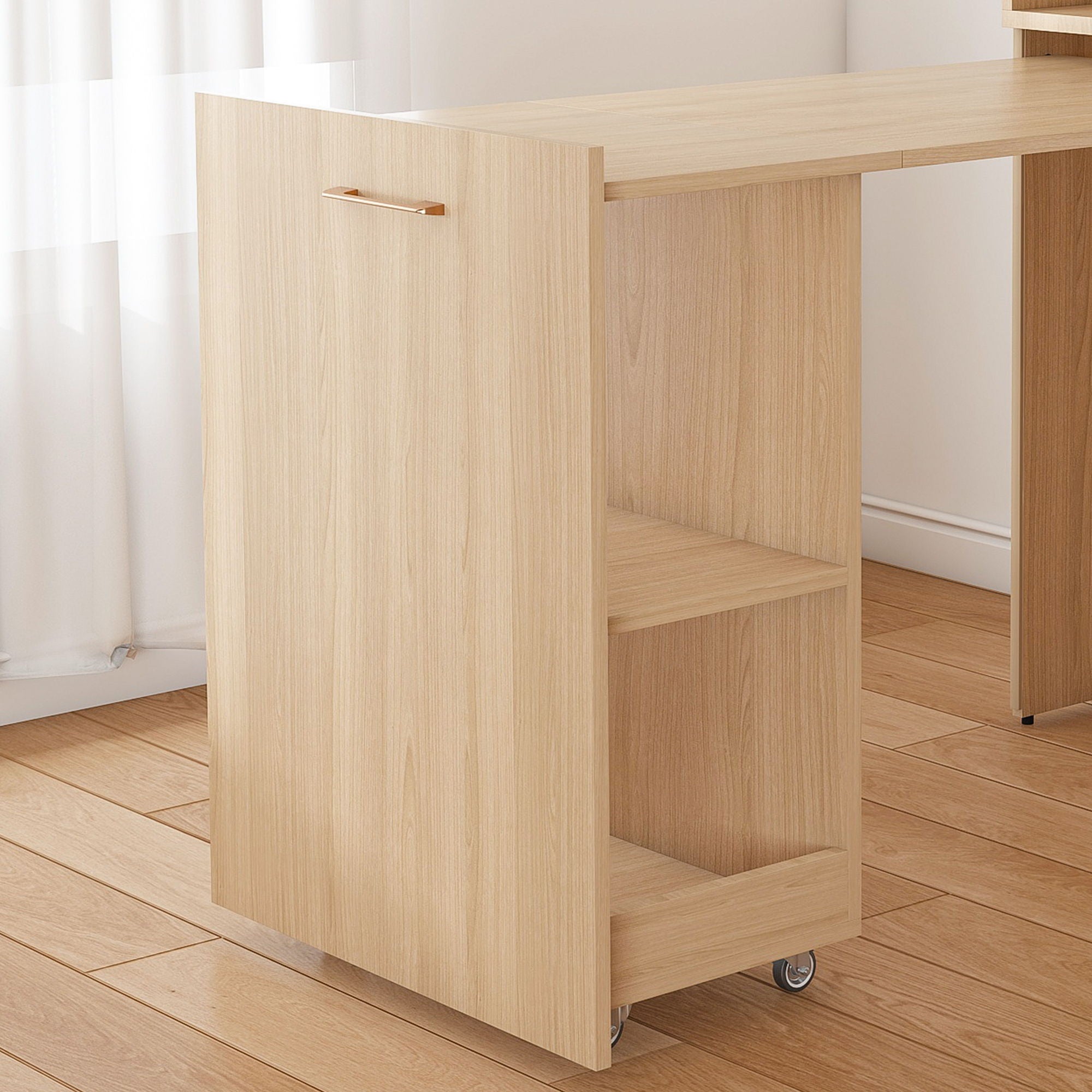 Stretchable Office Desk With Storage Shelves And Mobile Wheels