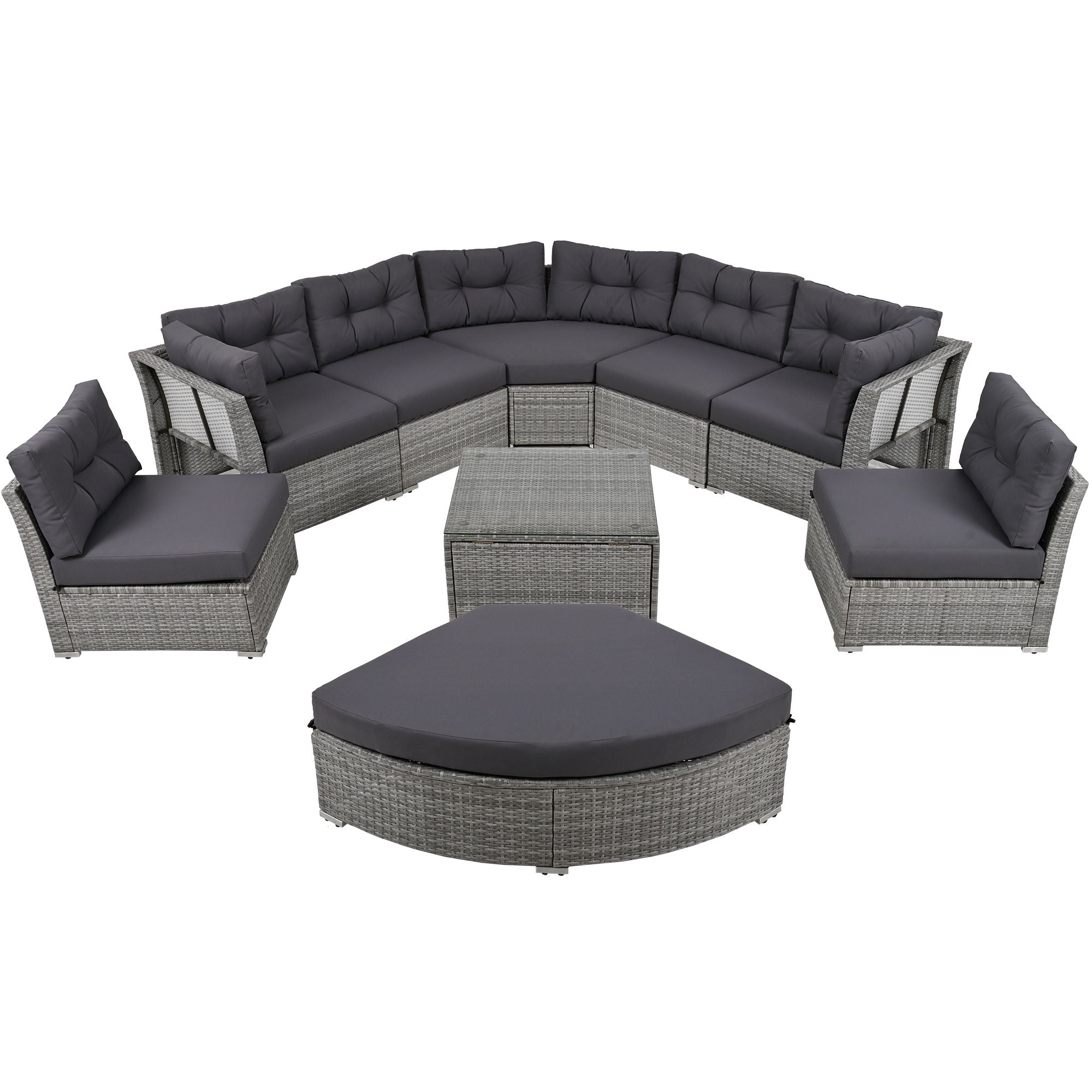 Elegant Patio Furniture Set Outdoor Daybed Rattan Sectional With Cushions And Center Table - Gray
