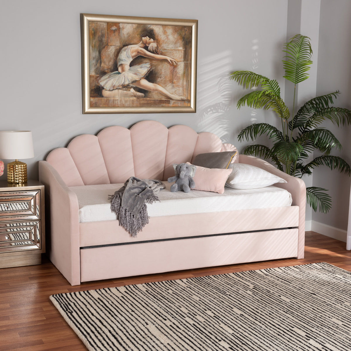 Timila Modern and Contemporary Light Pink Velvet Fabric Upholstered Full Size Daybed with Trundle