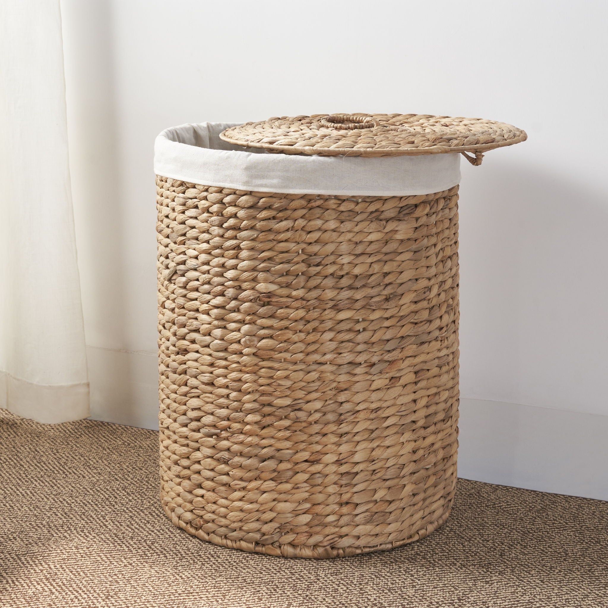 Round Tall Water Hyacinth Woven Wicker Laundry Hamper With Lid - For Clothes, Canvas, Toys And Book Storage With Removable Liner - 15" X 15" X 20" - Natural Brown