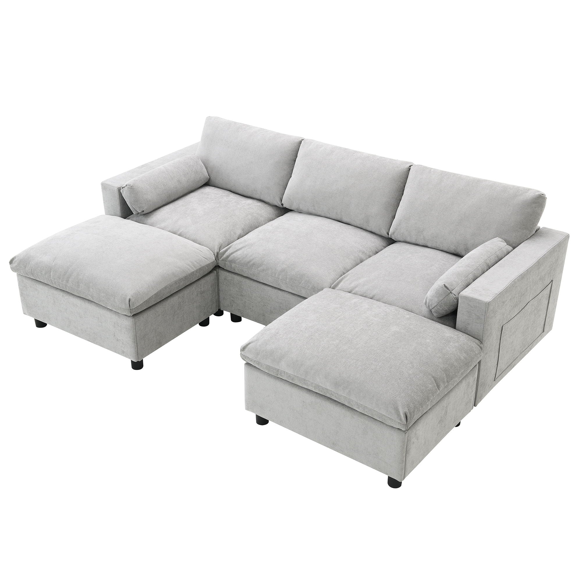 Modular Sectional With Storage Pockets, 5 Seat U Shaped Couch Set With Pillows, Free Combination Modern Cloud Sofa With 2 Movable Ottoman