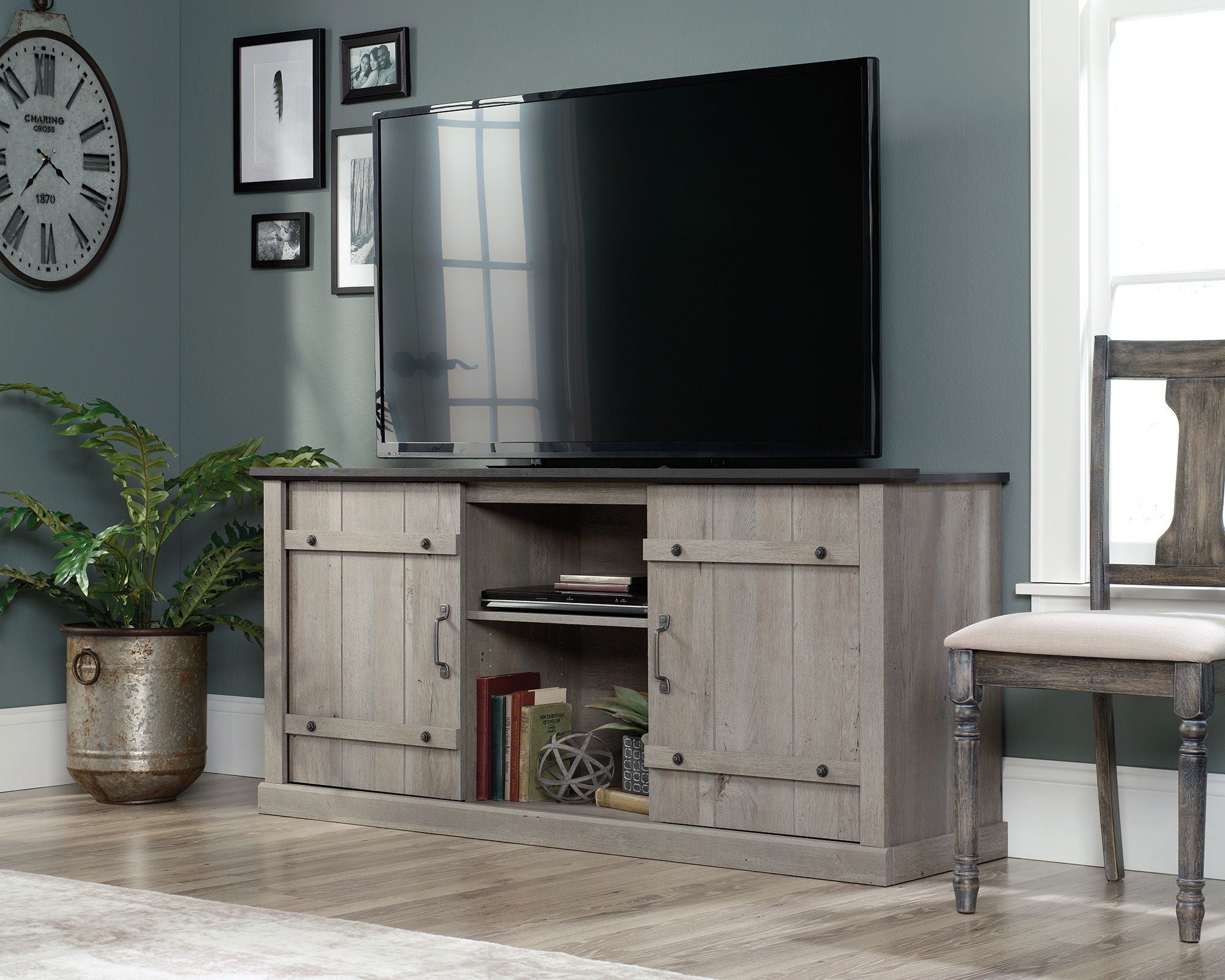 Mystic Oak TV Credenza with Black Accent Top