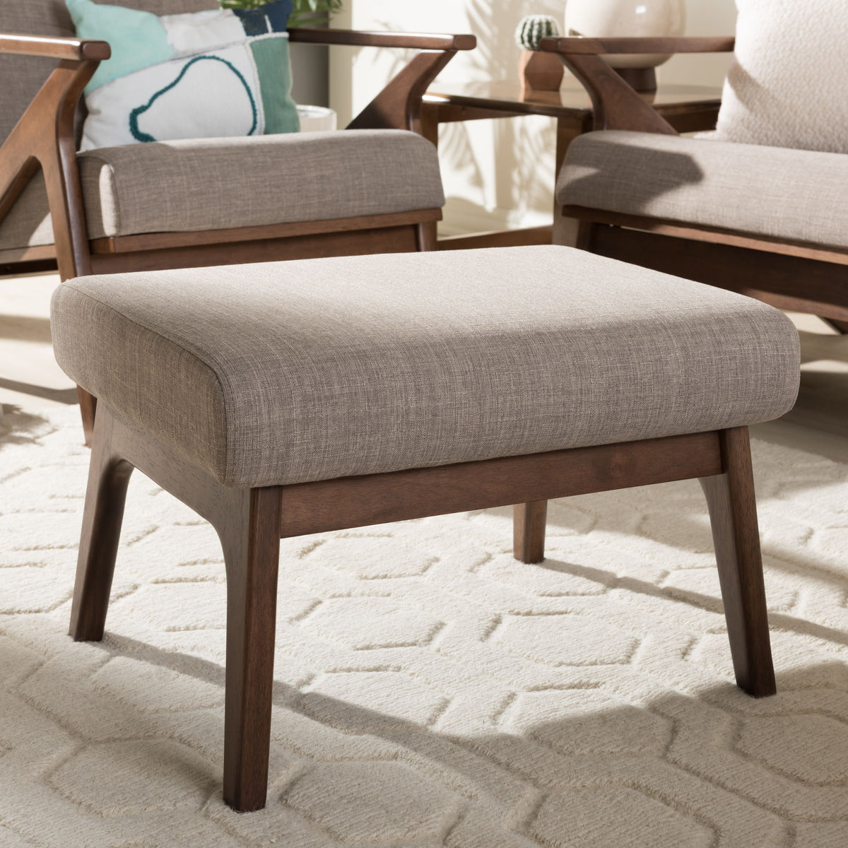 Bianca Mid-Century Modern Walnut Wood Light Grey Fabric Ottoman