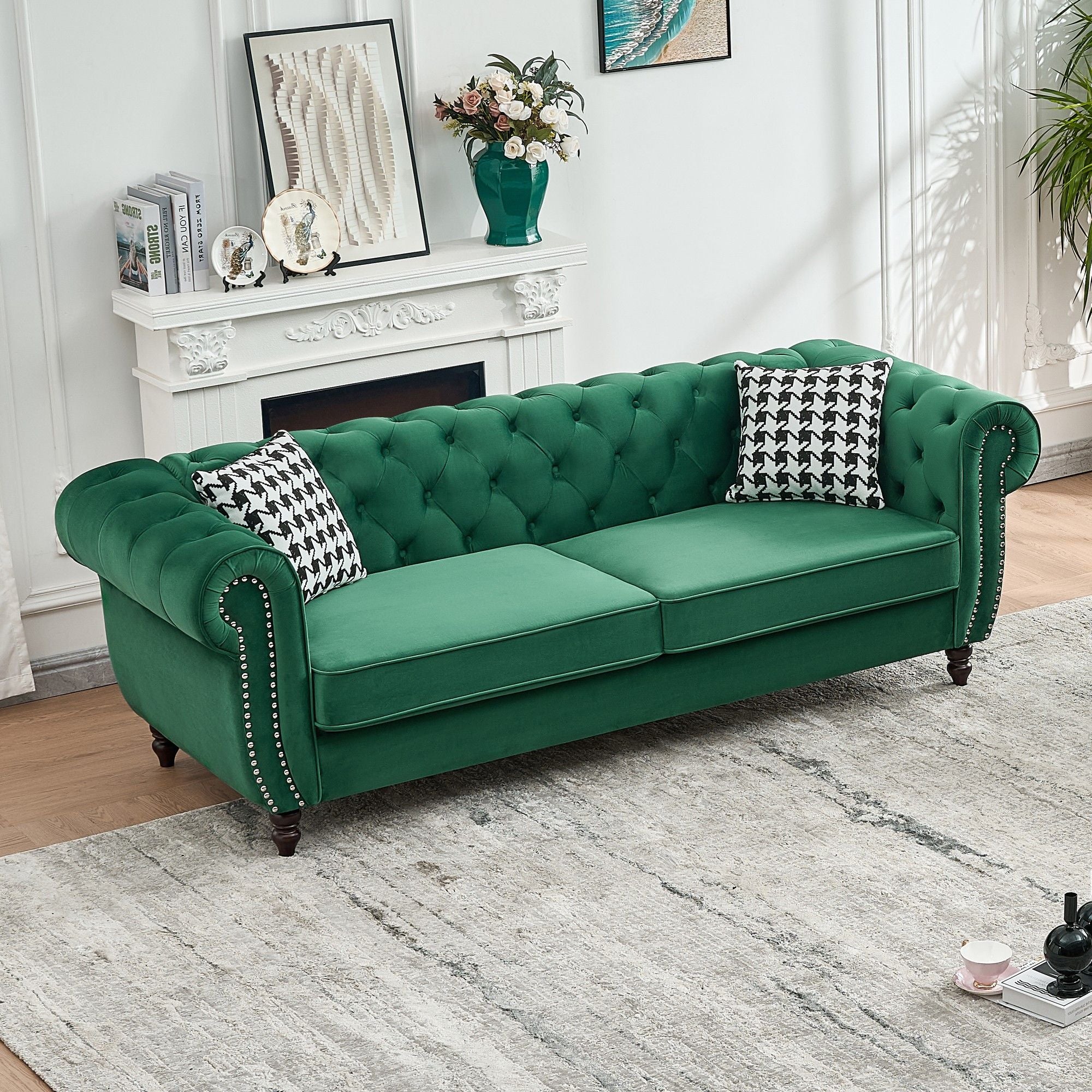Mid Century Chesterfield Velvet Fabric Sofa With Roll Armrest & Nailhead, Green, 87 Inches
