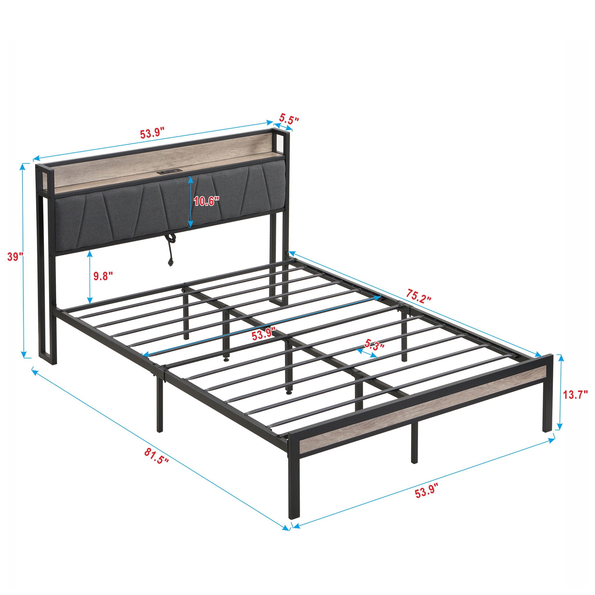 Modern Bed Frame With LED Lights, Upholstered Headboard, USB Charging