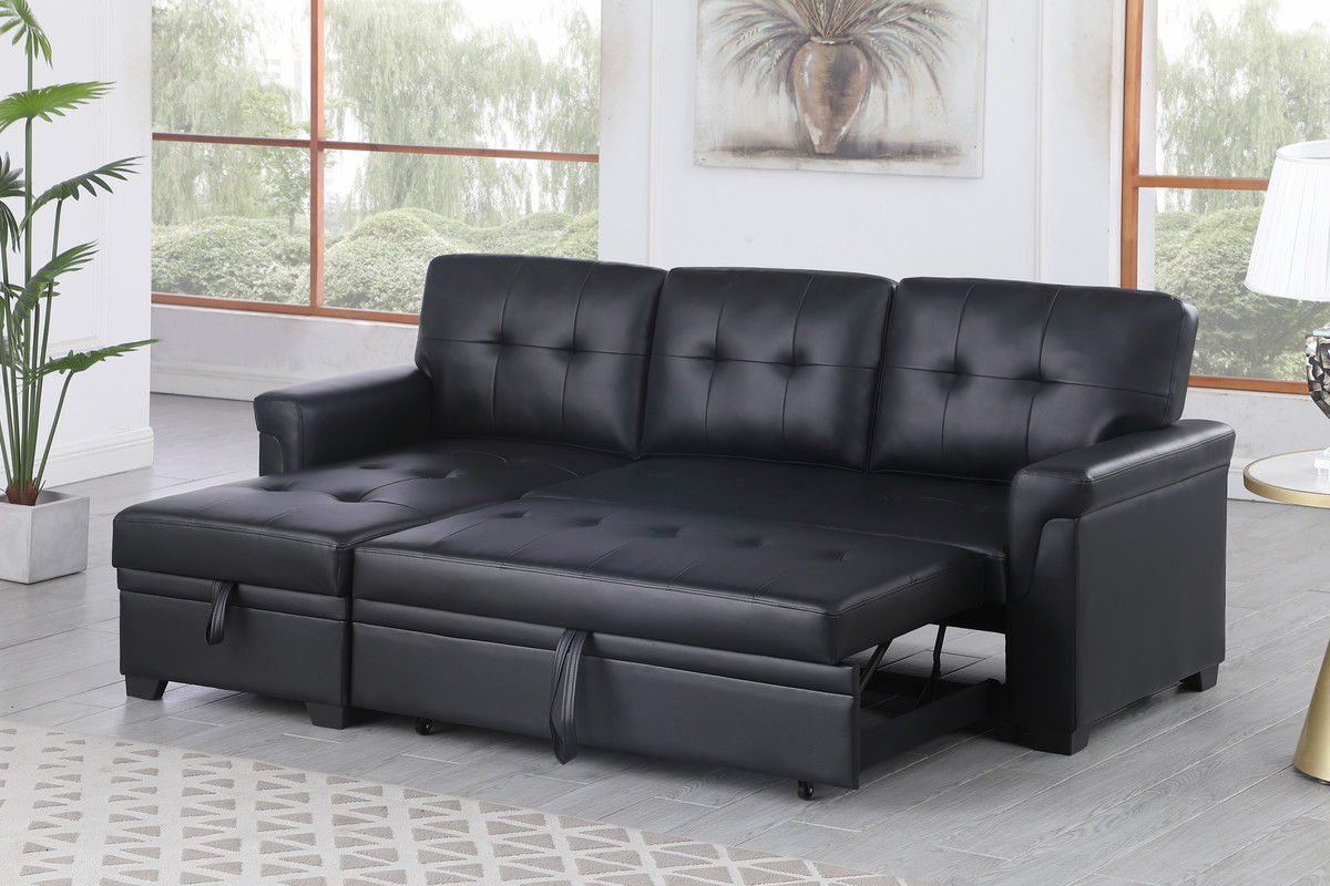 Lucca 84"W Black Vegan Leather Modern Reversible Sleeper Sectional Sofa with Storage Chaise