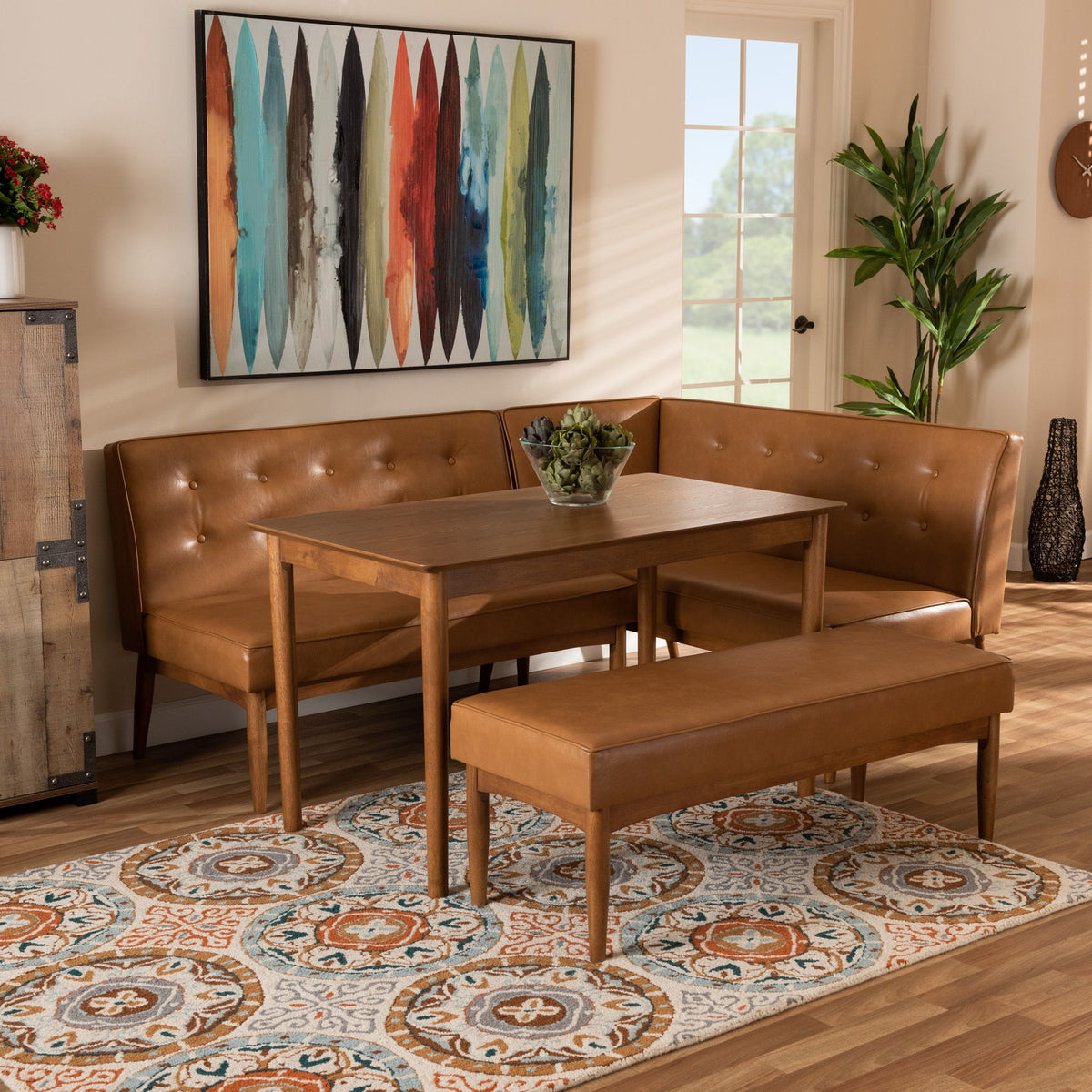 Arvid Mid-Century Modern Tan Faux Leather Upholstered and Walnut Brown Finished Wood 4-Piece Dining Nook Set
