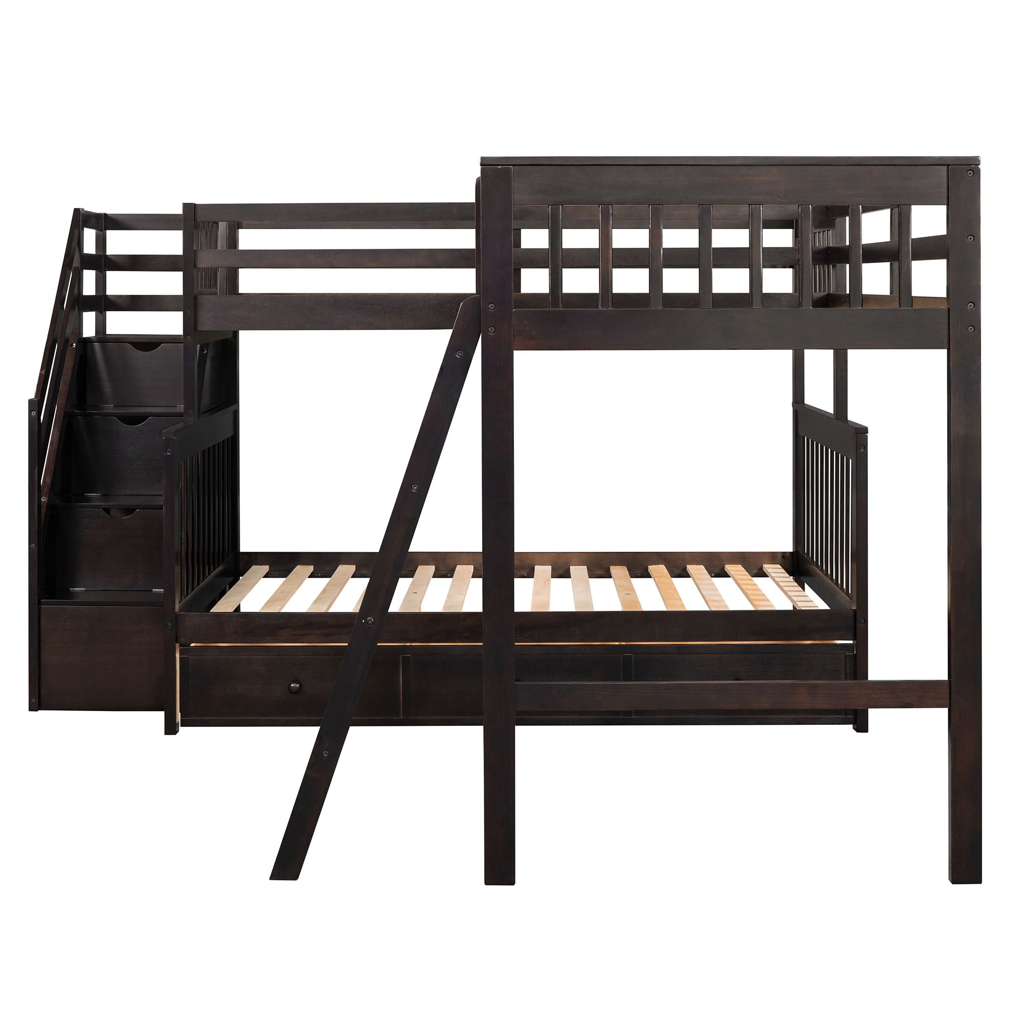 Solid L Shaped Bunk Bed With 3 Drawers, Ladder And Staircase