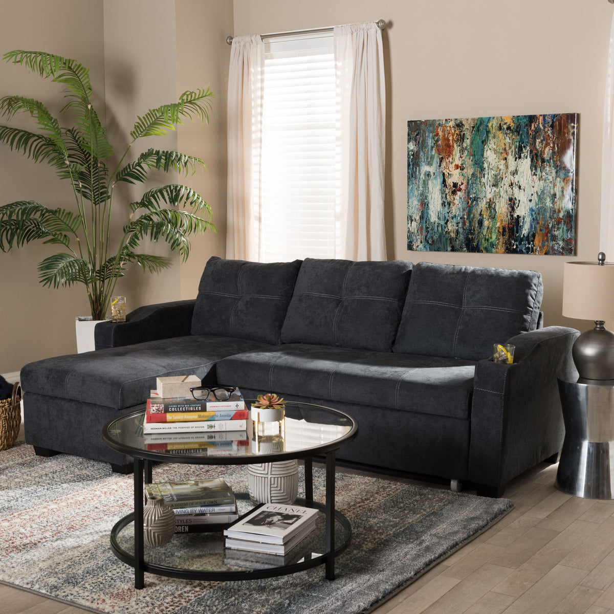 Lianna Modern and Contemporary Dark Grey Fabric Upholstered Sectional Sofa