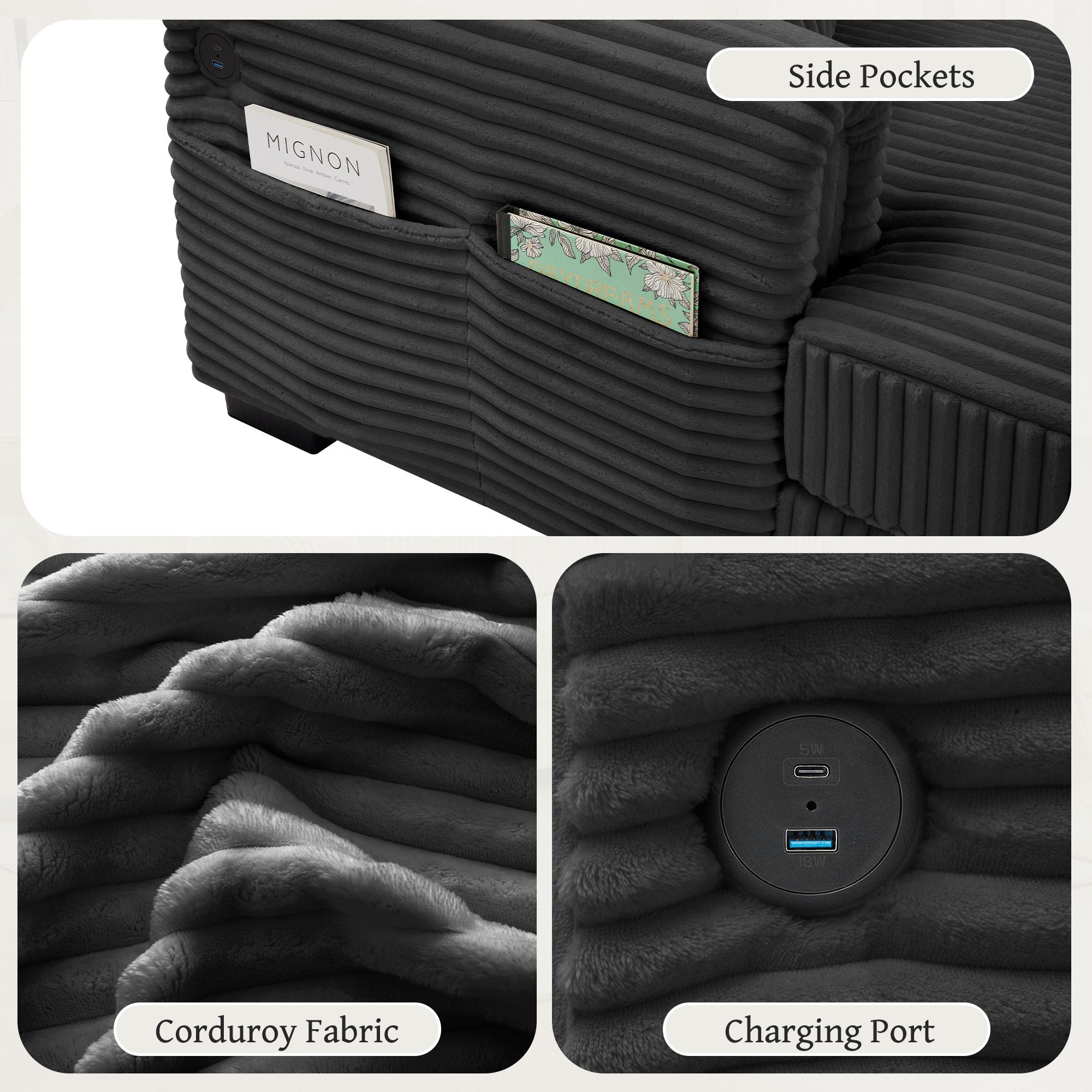 2 Seater L Shaped Chaise Sofa With Reversible Cushion, USB - C Charging Port, Storage Pocket, Convertible Left / Right Design