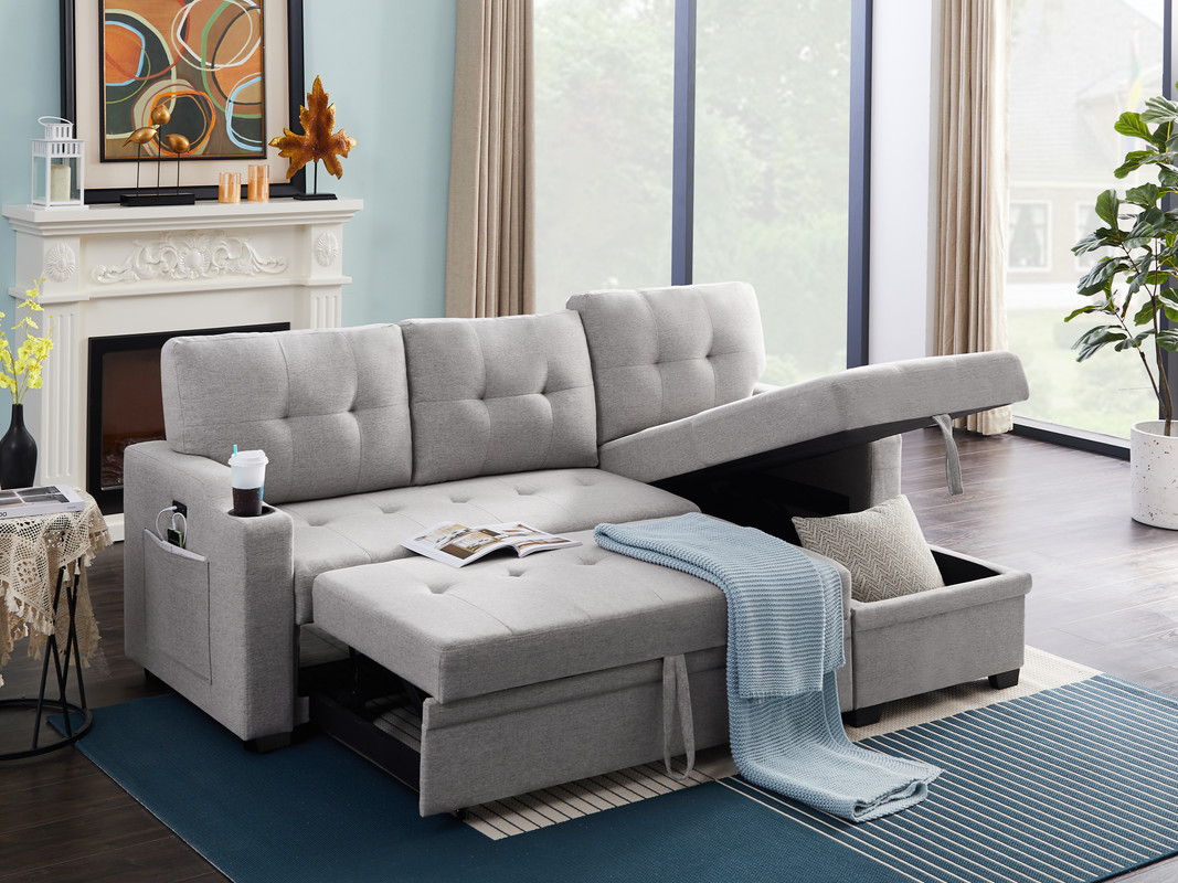 Mabel 83"W Light Gray Linen Fabric Sleeper Sectional with cupholder, USB charging port and pocket