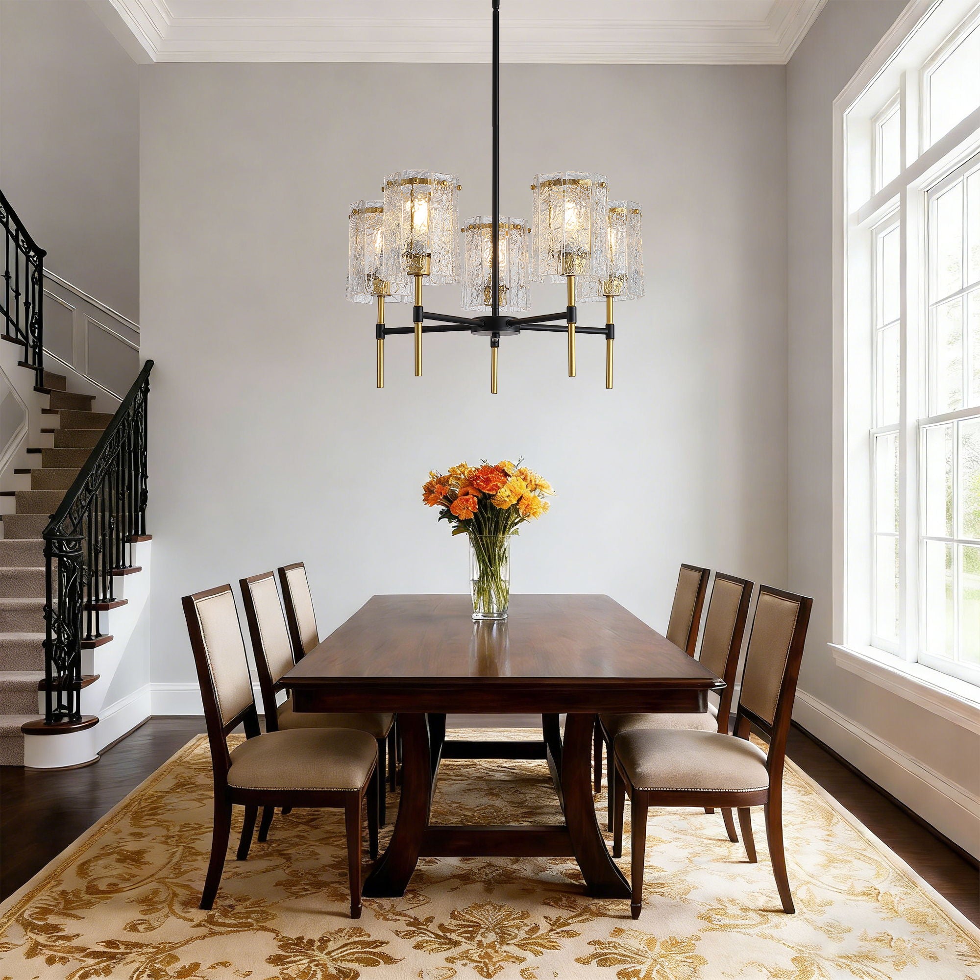 5 Light Chandelier, Textured Glass Pendant Light, (Not Including The Bulb) For Living Room - Black / Gold