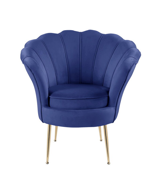 Angelina 34"W Blue Velvet Scalloped Back Barrel Accent Chair with Metal Legs