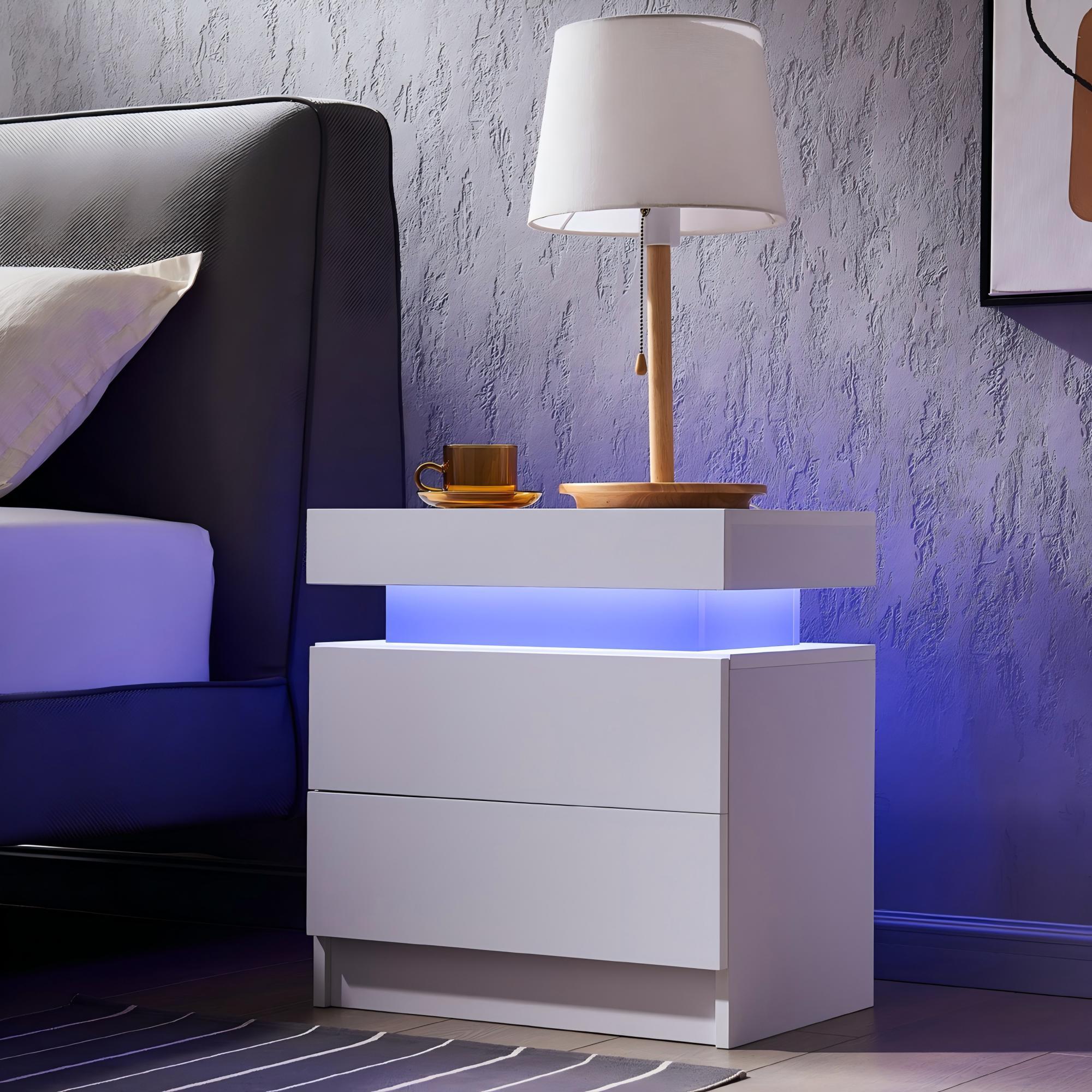Modern LED Bedside Table Cabinet With Adjustable Lights And 2 Drawers - White