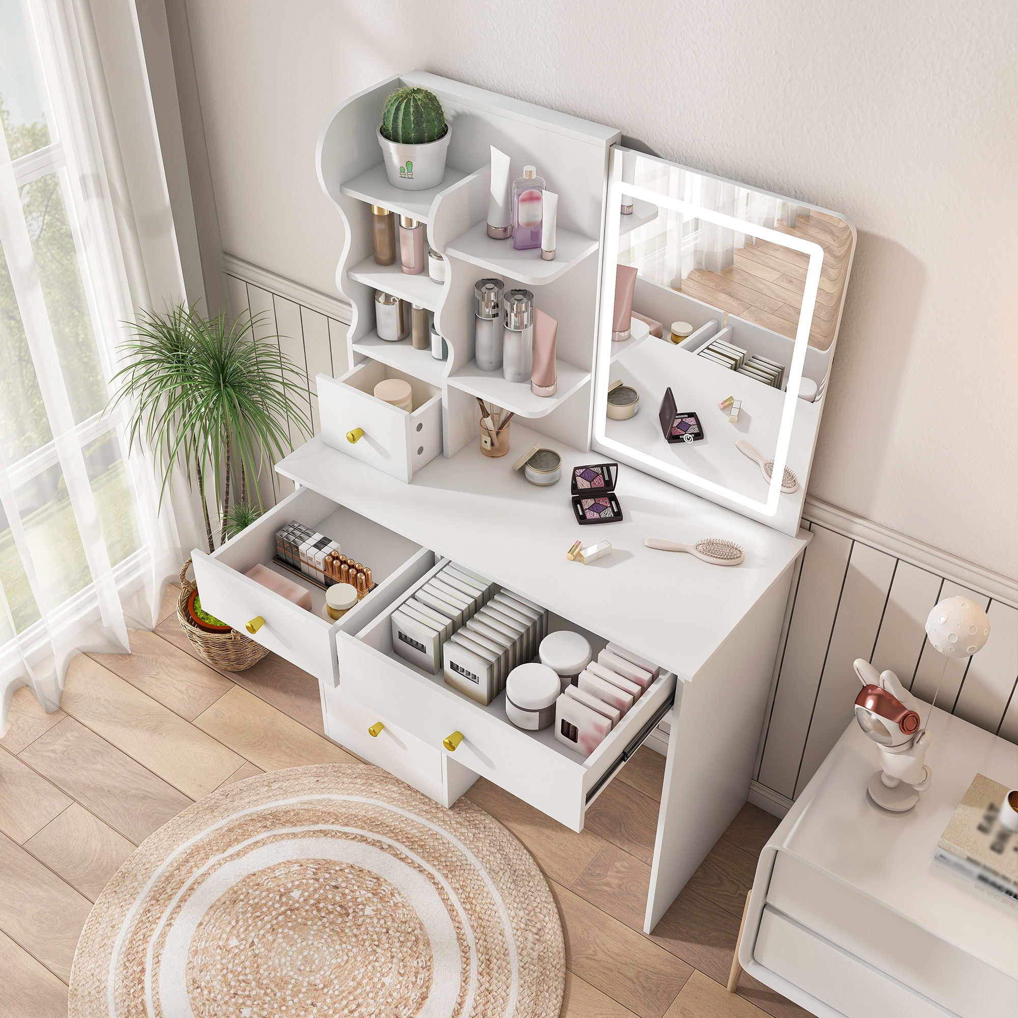 Dressing Table With Movable Mirror And LED Light, 5 Drawer Storage Organizer - White