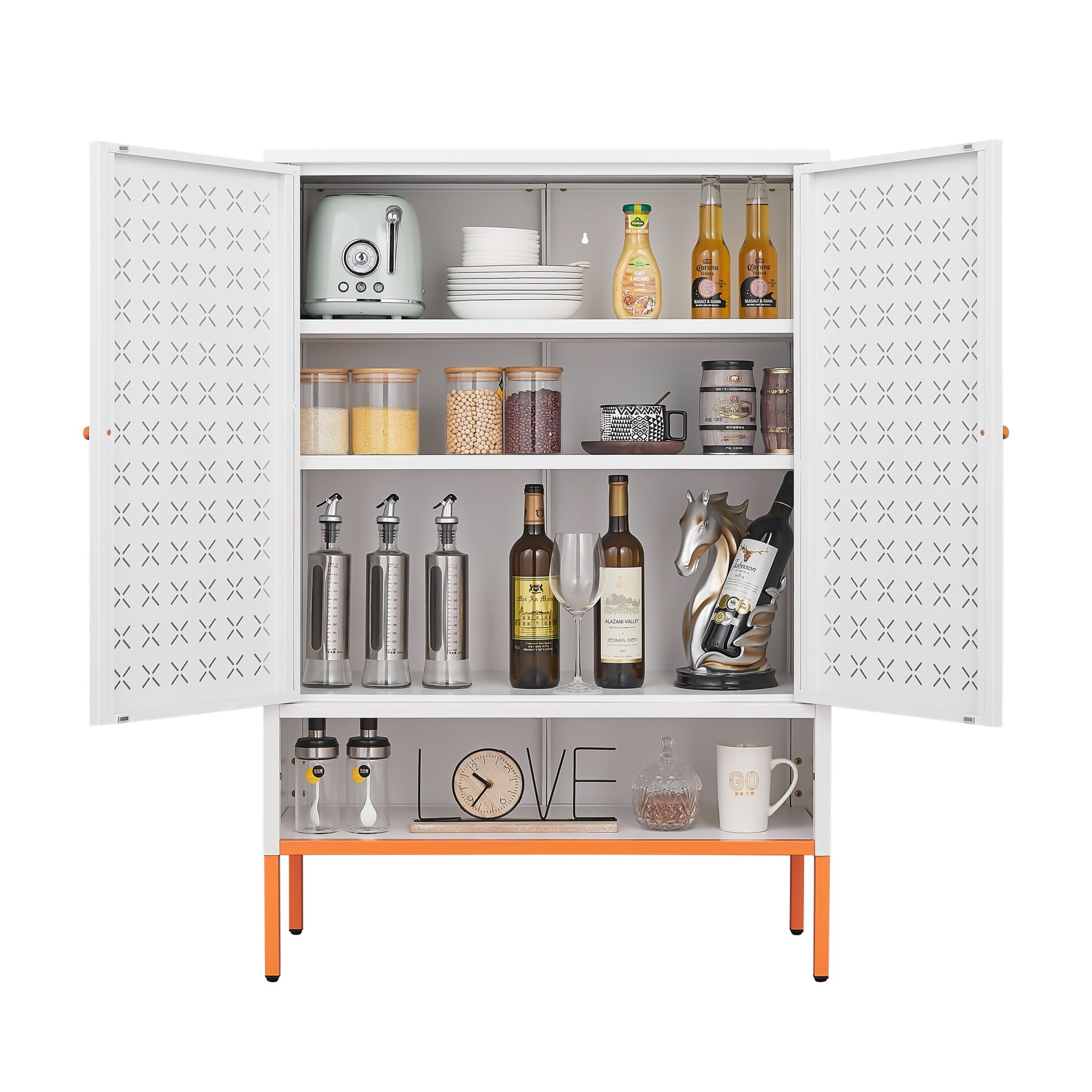 Grid Double Door Shoe Cabinet With Adjustable Compartments And Moisture-Proof Design In White Metal