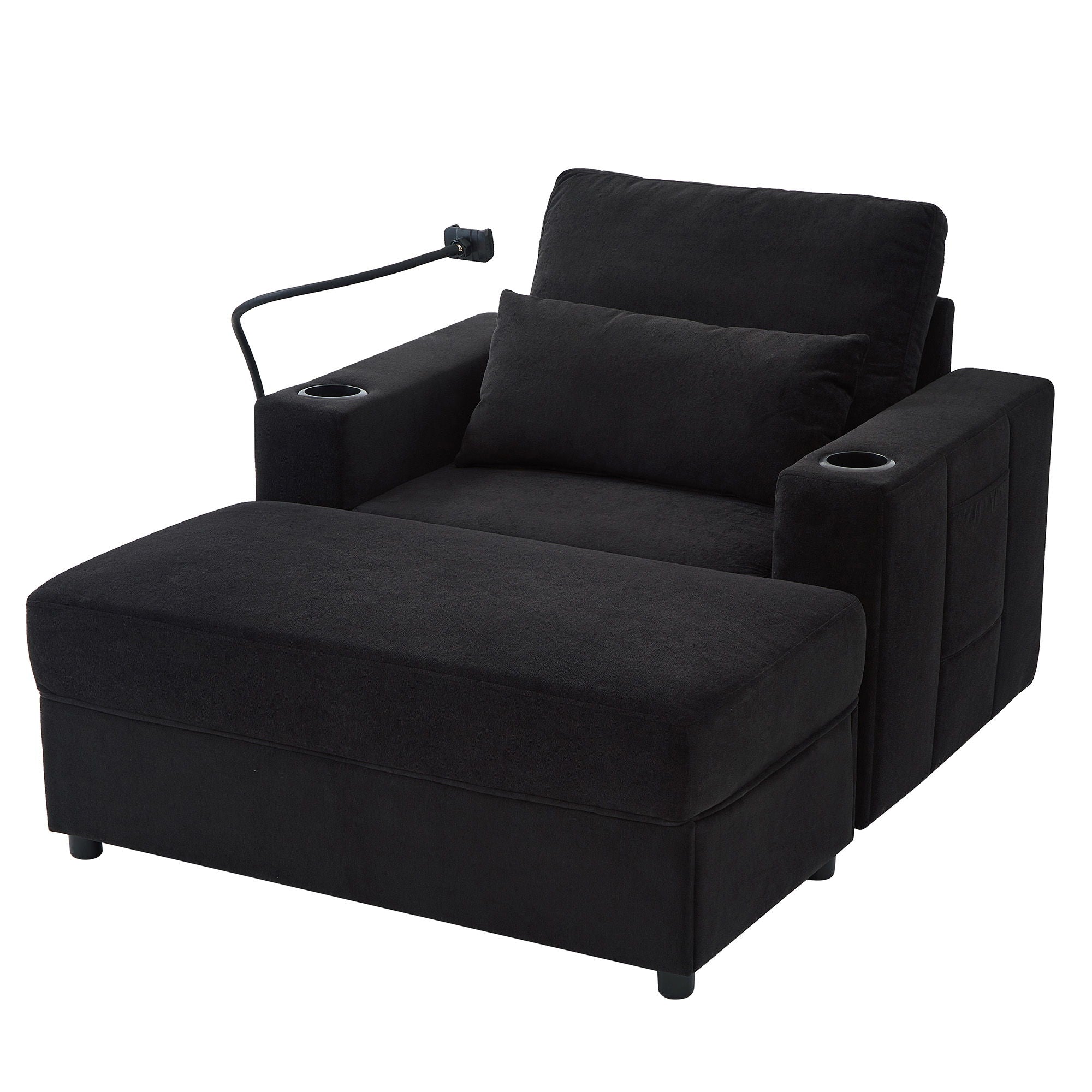 Modern Style Armchair Chaise Lounge Sofa Couch With Movable Storage Ottoman, USB Ports, Cup Holders, Phone Holder, Side Pockets