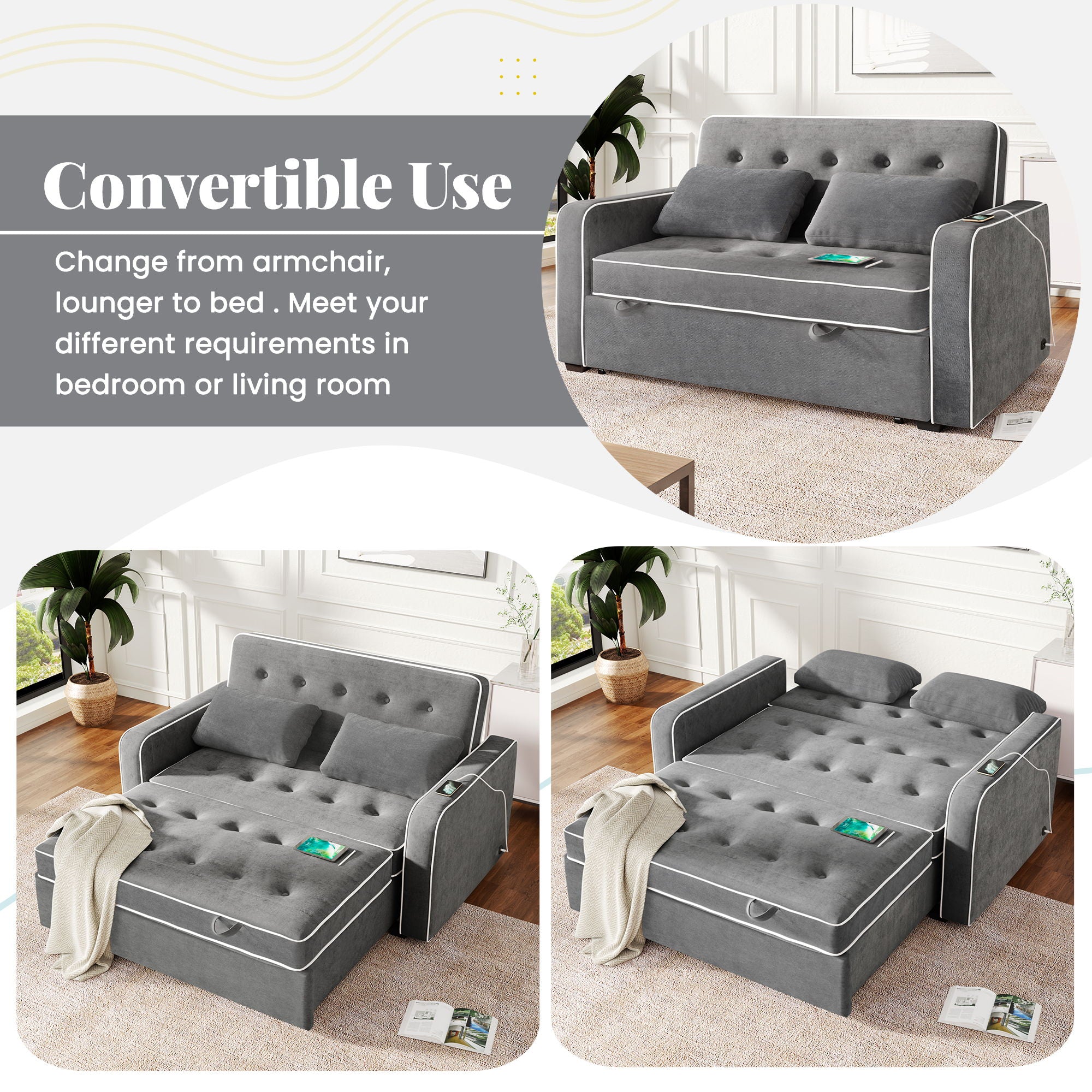 Upholstered Sleeper Bed Sofa With Dual USB Charging, Adjustable Backrest