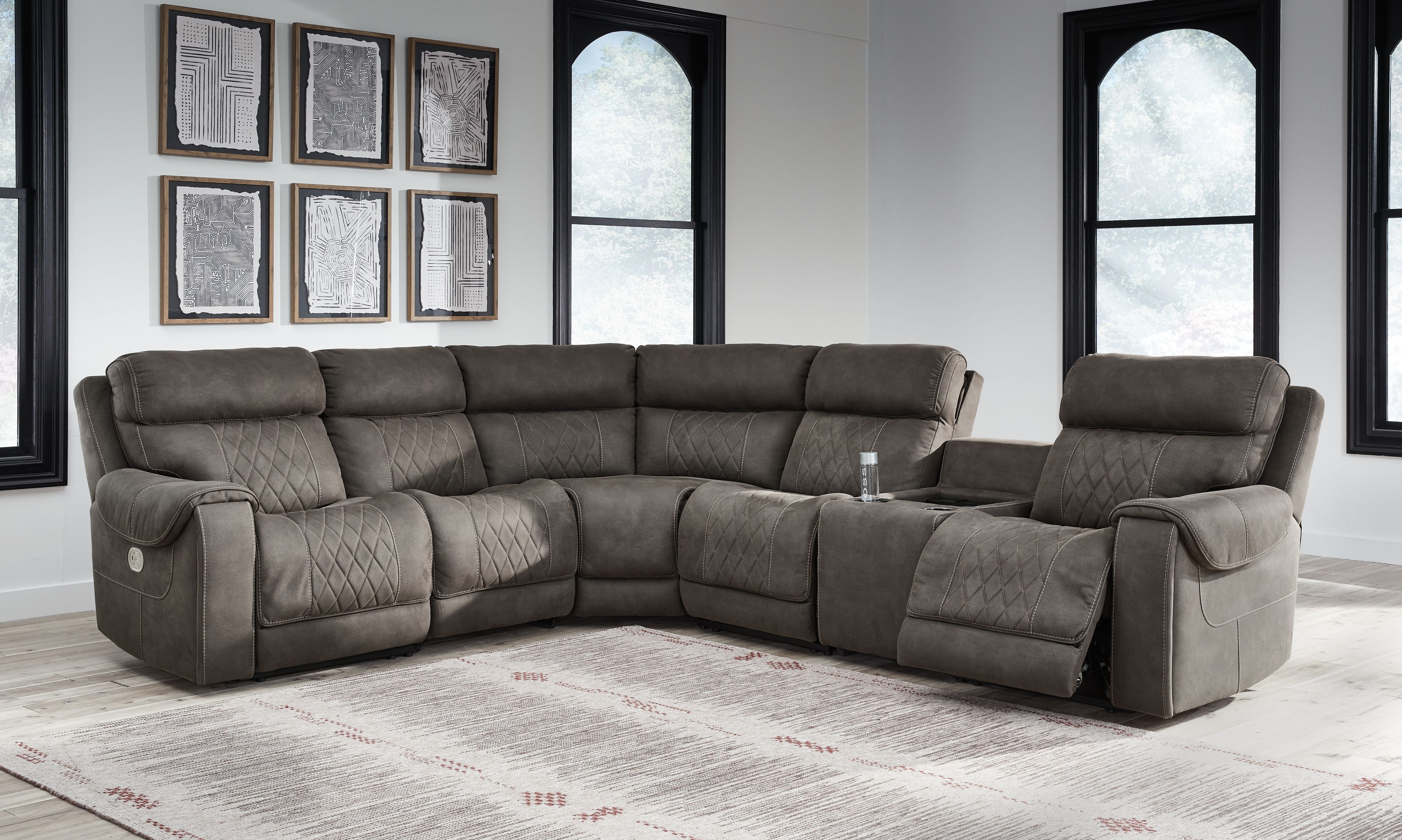 Signature Design by Ashley® Hoopster - Gunmetal - Zero Wall Power Recliner With Console 6 Pc Sectional | Meri Furniture