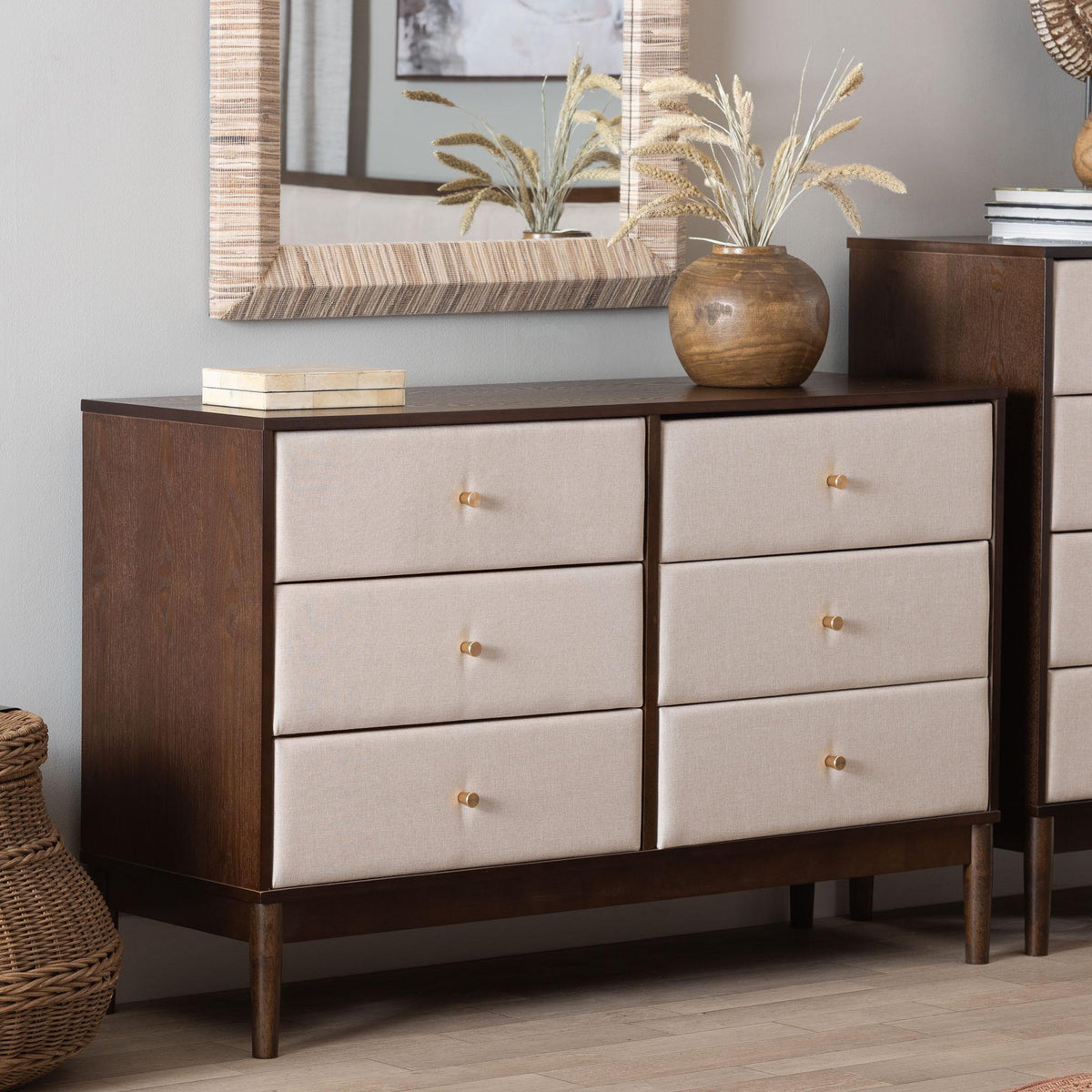 Nikolai Mid-Century Beige Fabric and Wenge Brown Wood 6-Drawer Dresser
