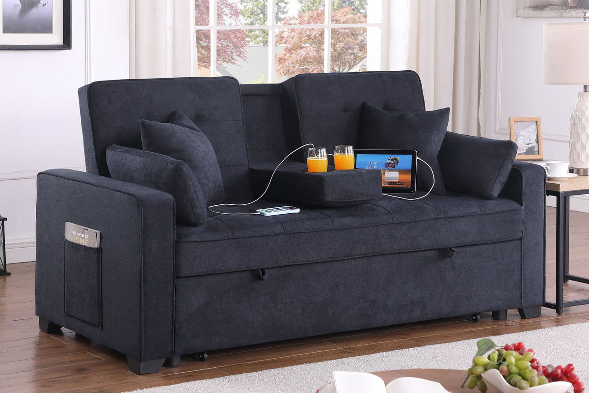 Cody II 70"W Dark Gray Woven Fabric Convertible Sleeper Loveseat with Dropdown Console, Cup Holders, Charging Ports, Pocket, and Pocket Coil Seating