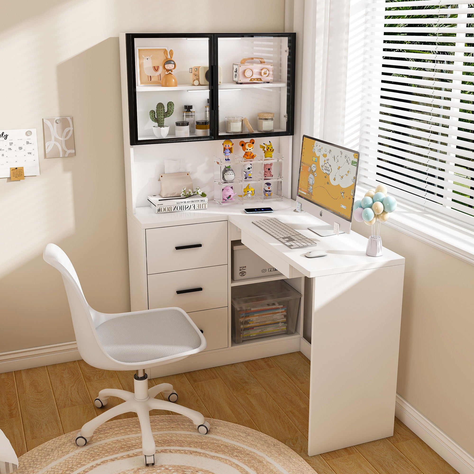 L-Shaped Computer Desk With Glass Cabinets, Built In LED Lights, USB Charging Ports