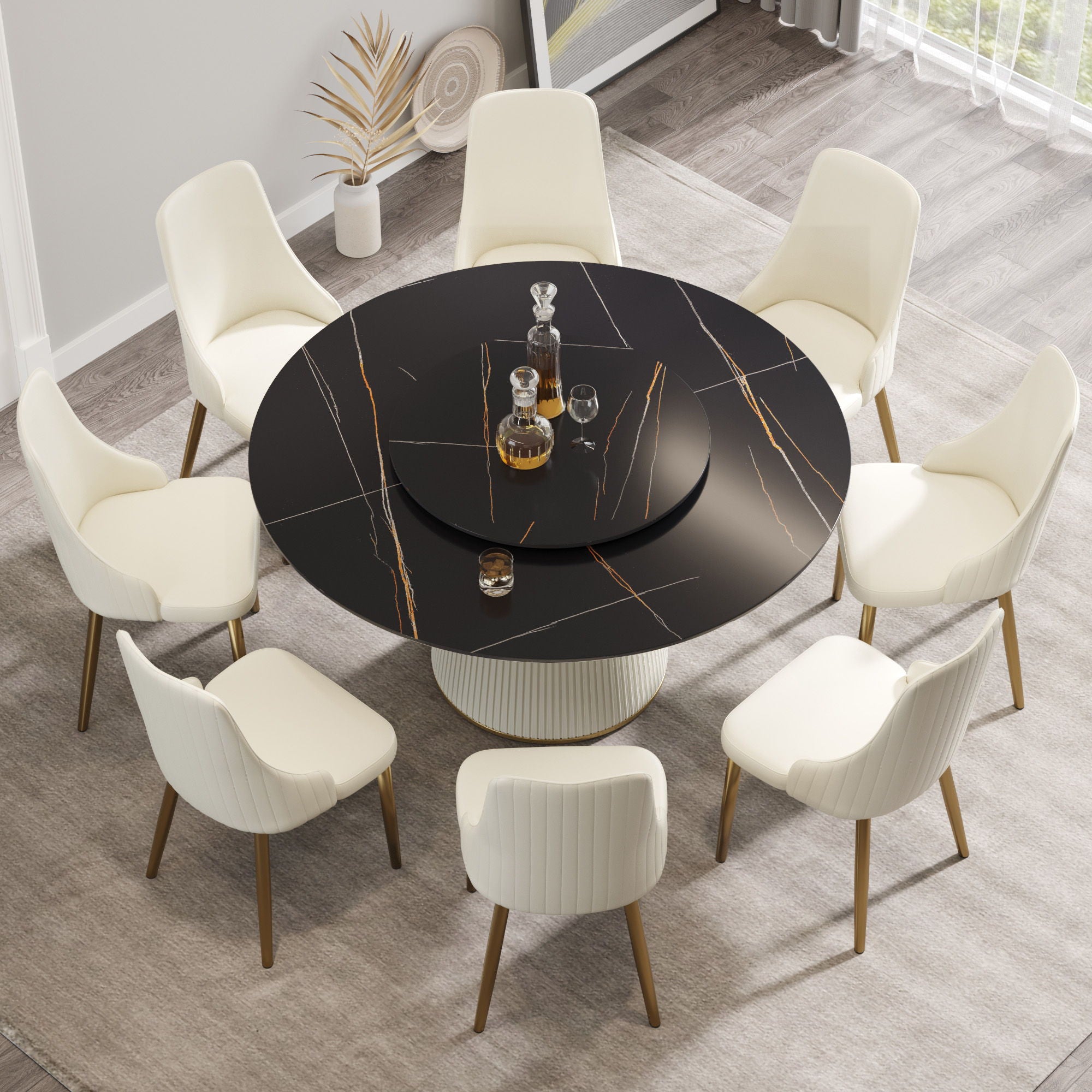 Modern Artificial Stone Round Plywood Base Dining Table, Can Accommodate 8 People Artificial Stone Turntable (Not Including Chairs) - Black / Beige