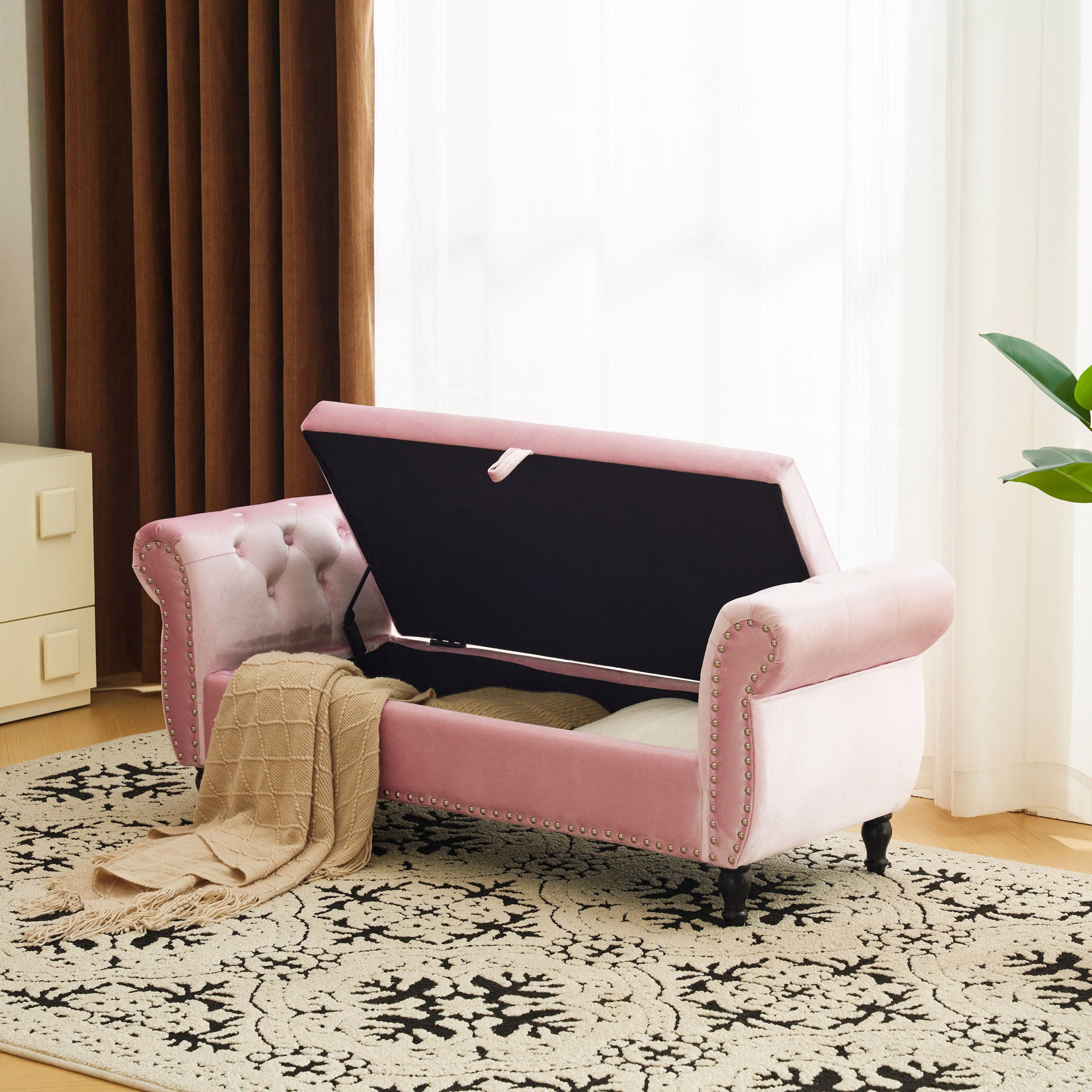 Luxurious Velvet Multifunctional Storage Ottoman Bench With Pillow