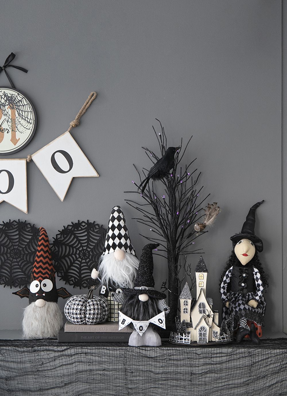 Gnome With 'Boo' Banner, For Halloween Decor - Black White