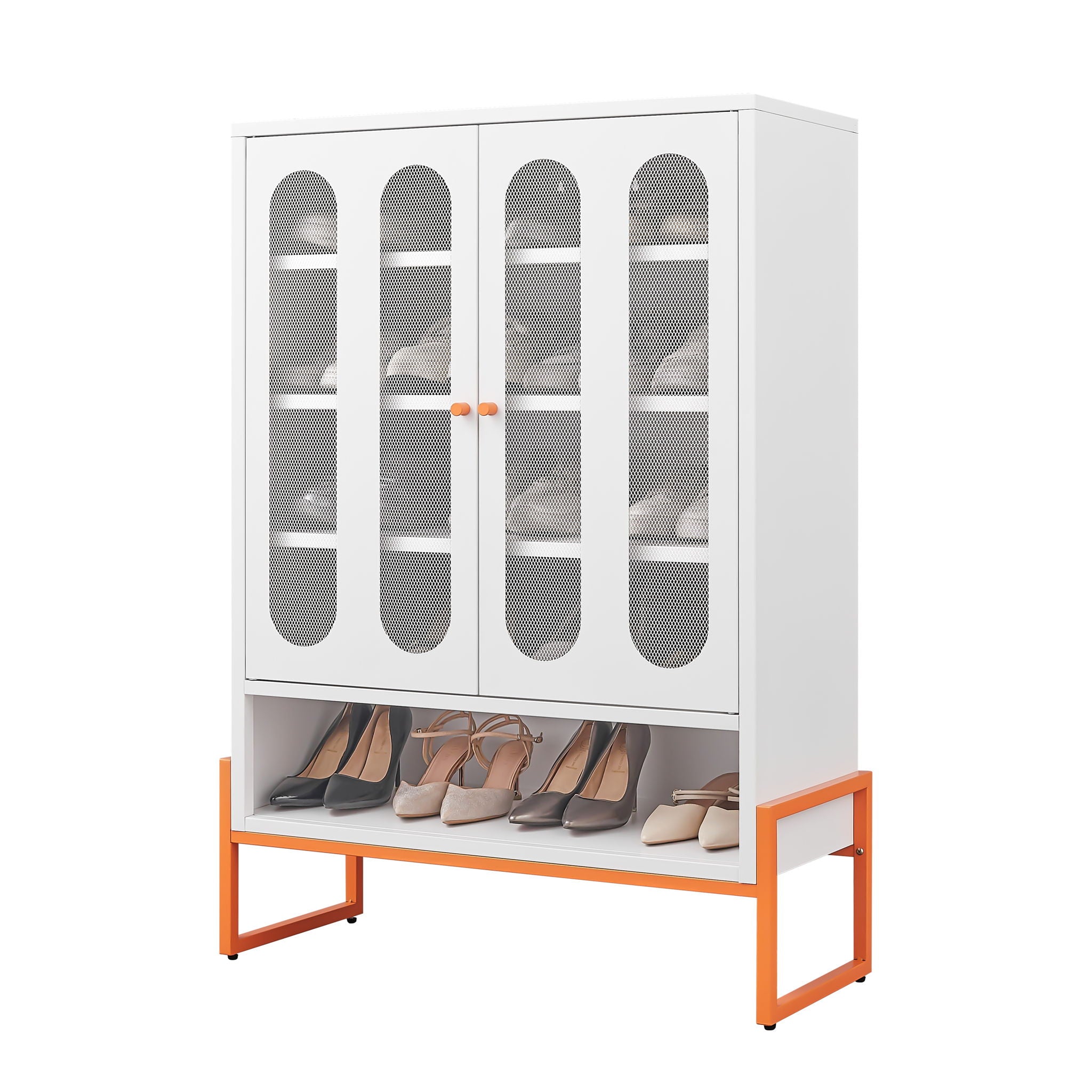 Modern Metal Shoe Cabinet With DoublebSided Mesh Doors And Adjustable Partitions