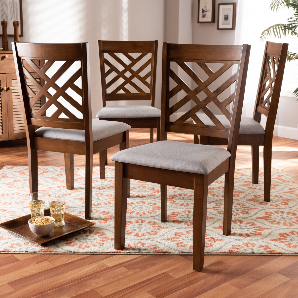 Caron Modern and Contemporary Grey Fabric Upholstered Walnut Brown Finished 4-Piece Wood Dining Chair Set Set