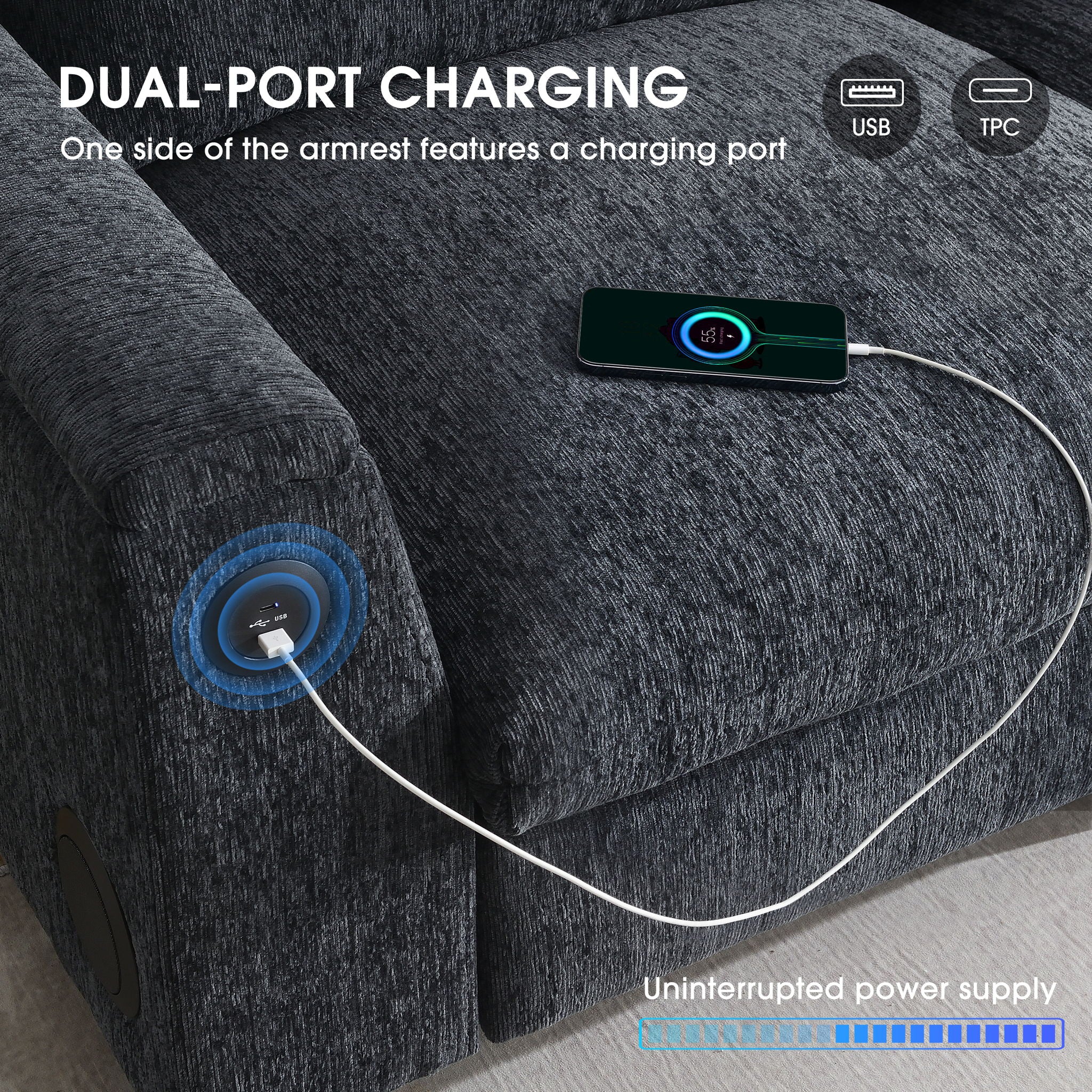 Sectional With Bluetooth Speaker Comfy Cloud Couch Set With Drop Down Table Cup Holders, USB Charger Storage Armrest Wide Seat Sofa