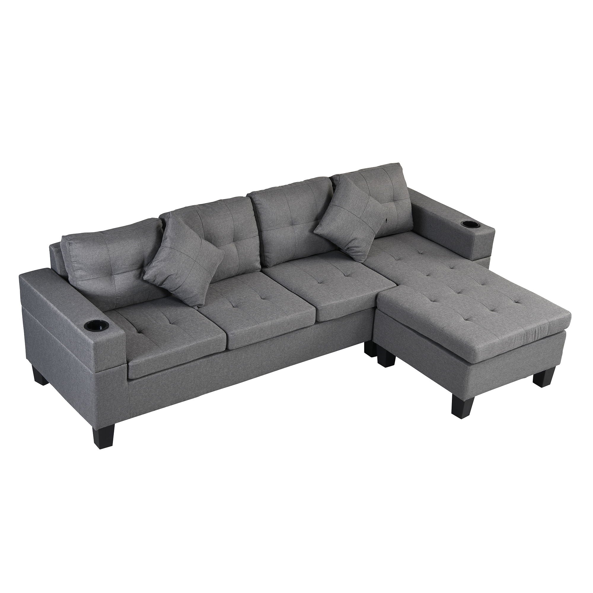Modern Sectional Sofa Set With L Shape Chaise Lounge, Cup Holder, 4 Seat - Gray