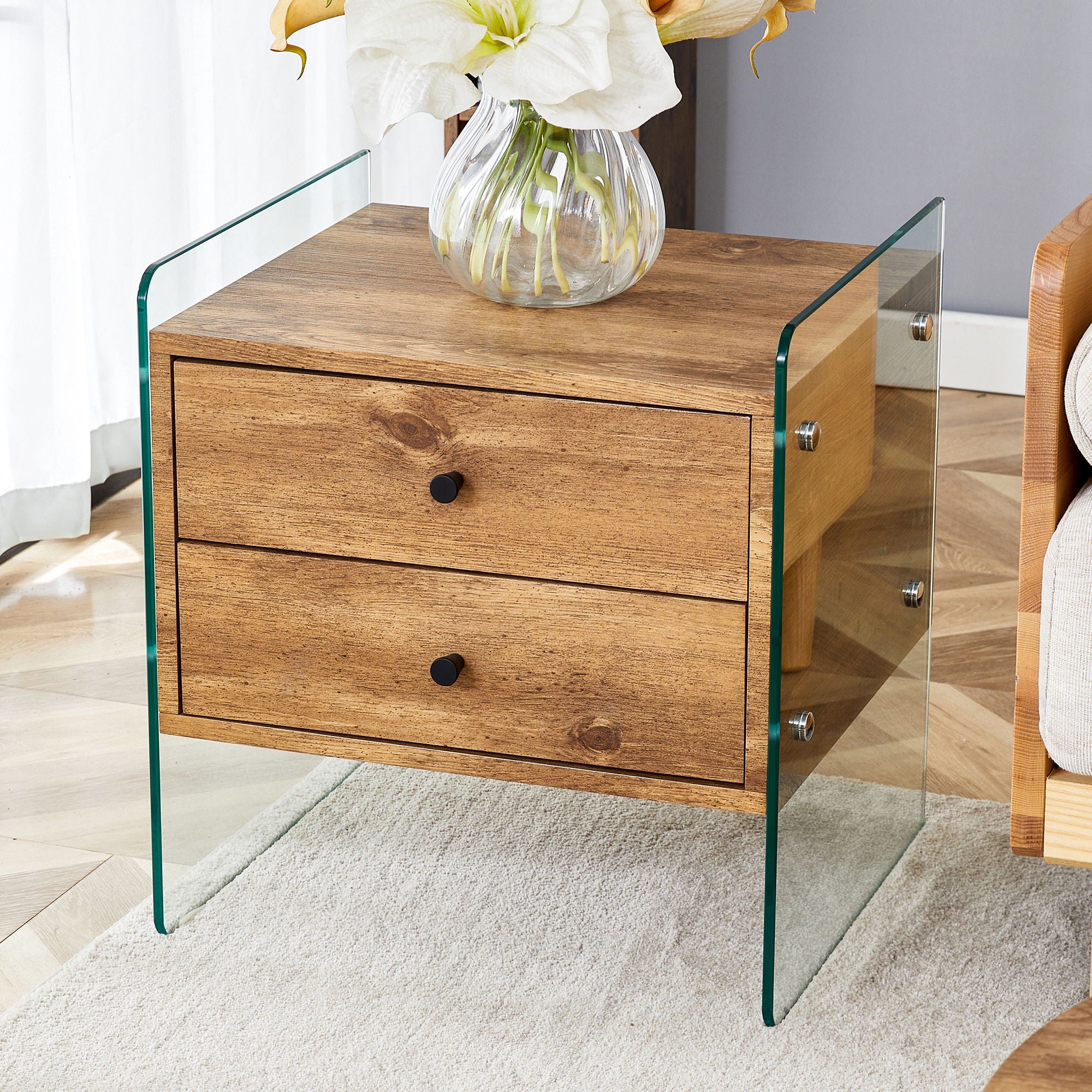 Double Drawer Bedside Table - Wood