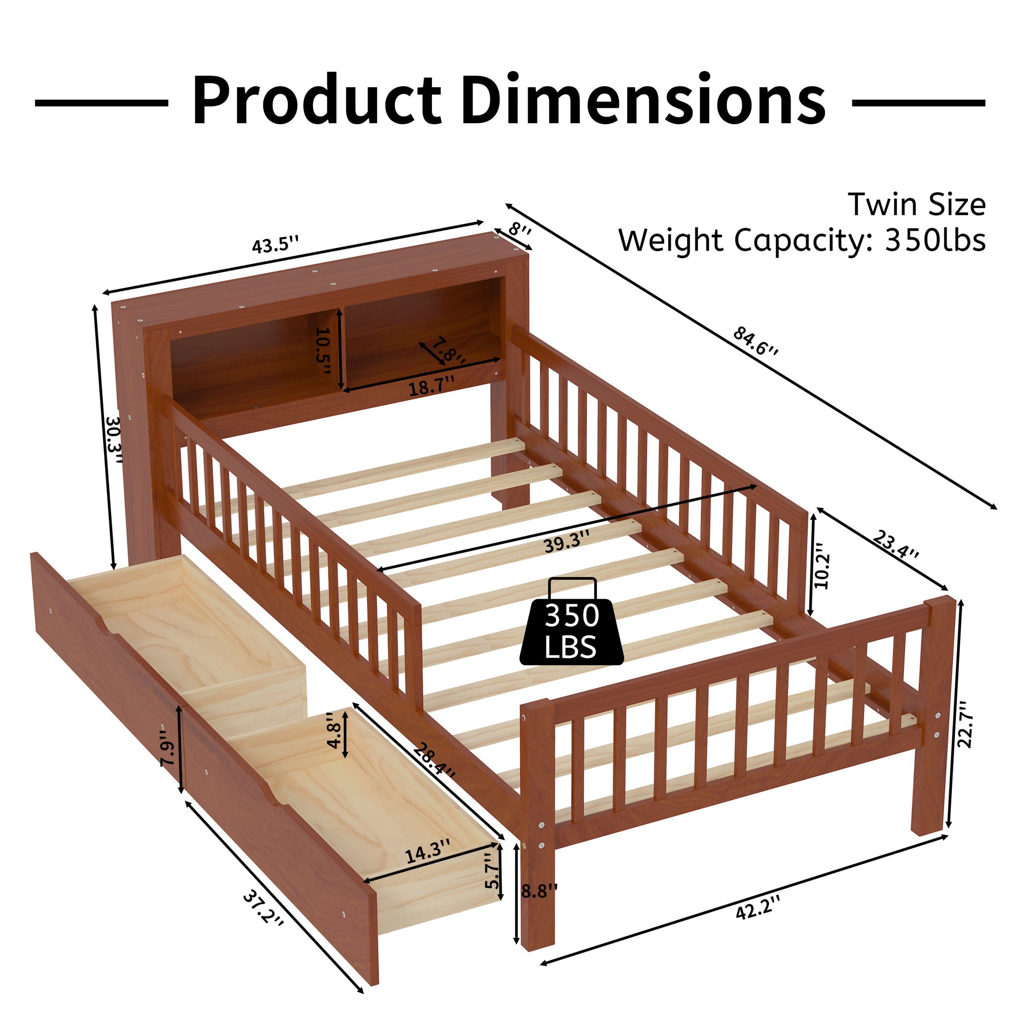 Bed With Headboard Storage Rack, 2 Under Bed Drawers, 3 Side Guardrails For Safety