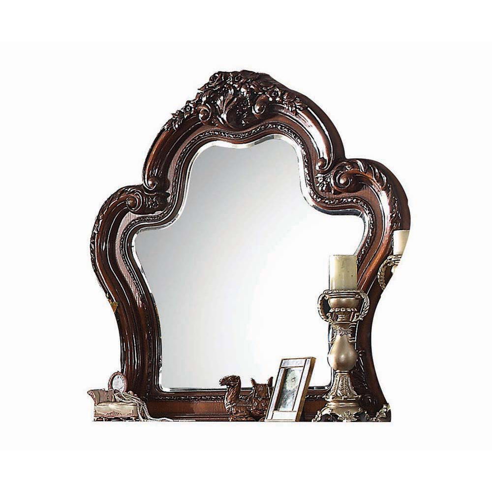 ACME Create an elegant, classy design in your bedroom with the Dresden gold patina and bone mirror. This mirror features a beautiful scrolled frame with beveled edges. Add this mirror to any other piece from this collection to create the perfect bedroom.