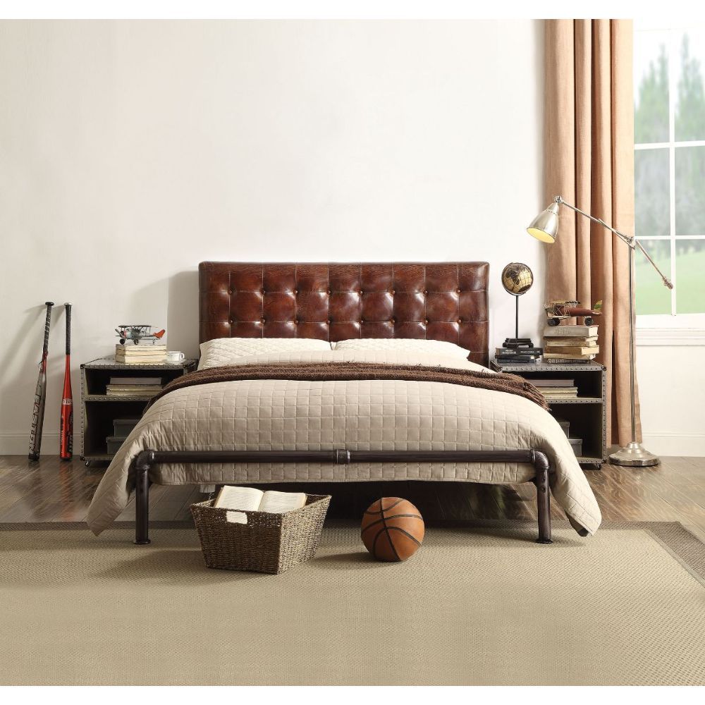 ACME Brancaster - Queen Bed - Vintage Brown Top Grain Leather | Meri Furniture