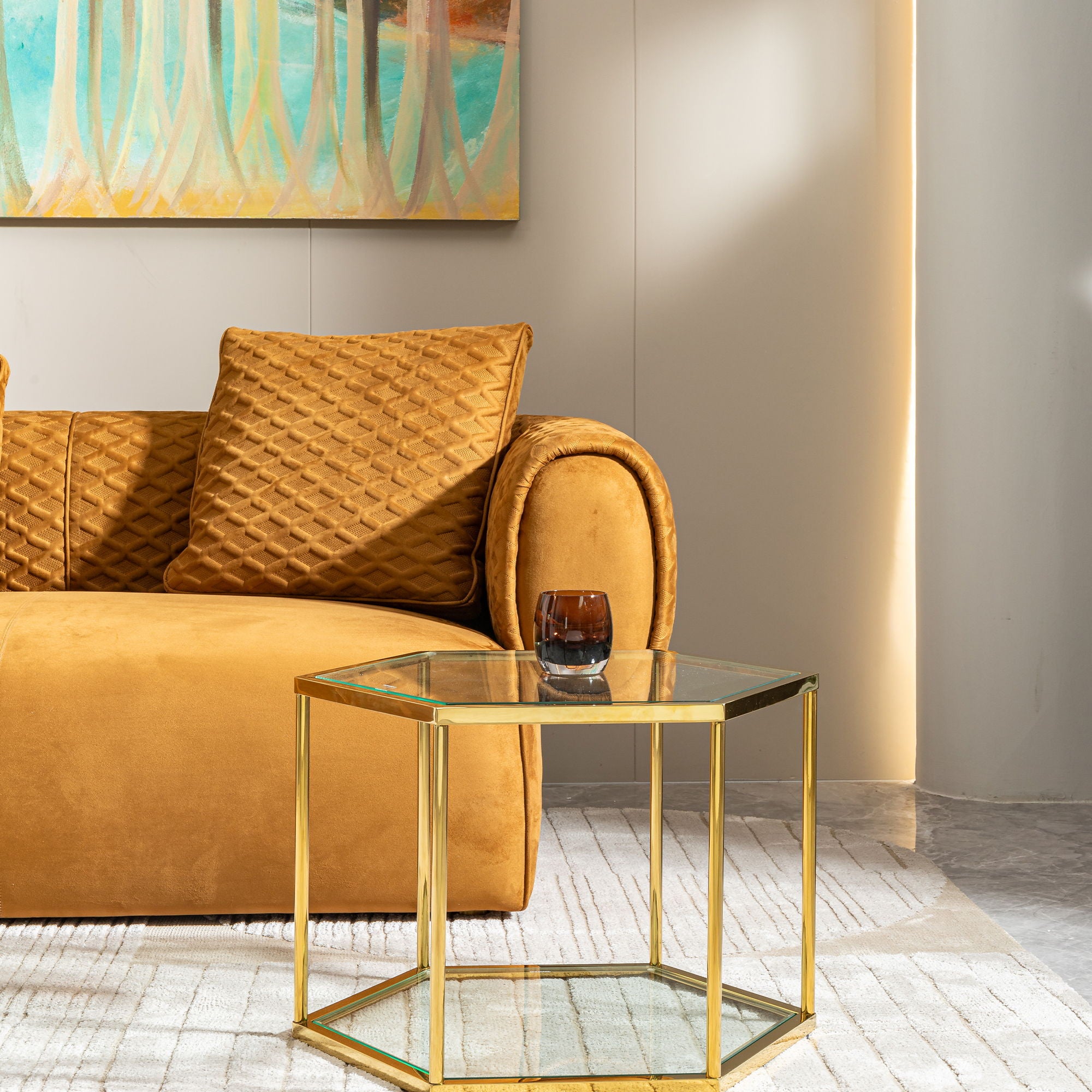 Modern Coffee Table With Double Layer Tempered Glass And Polygonal Design